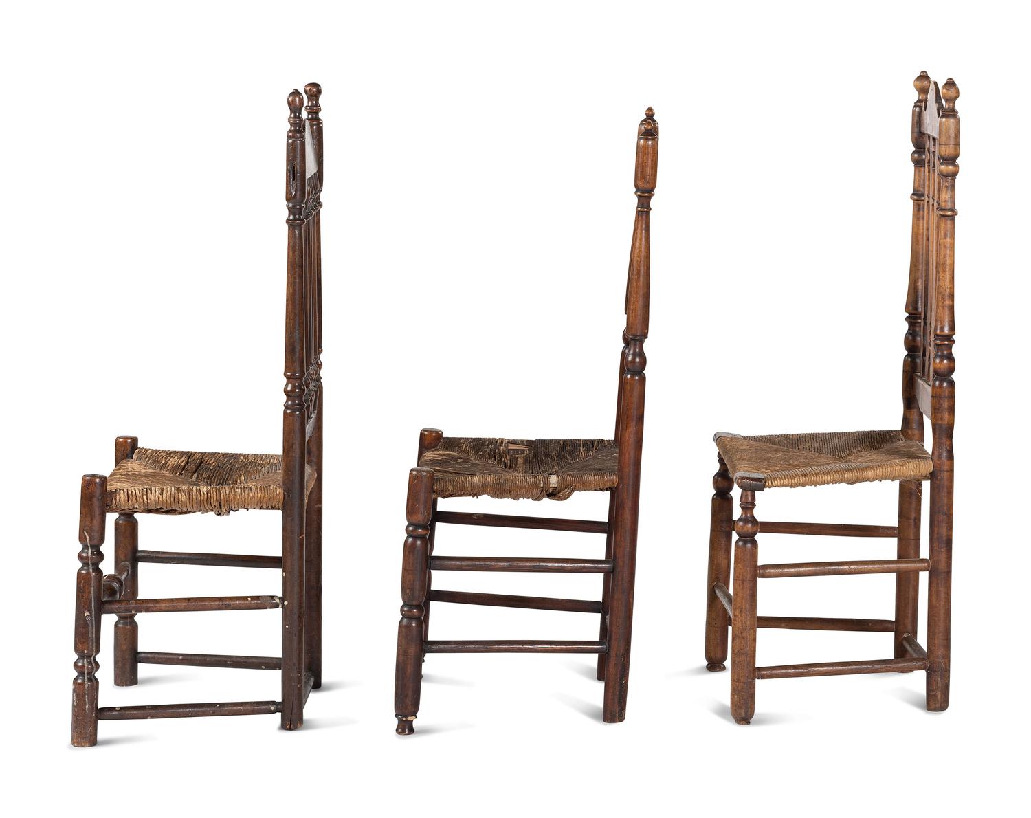 Three William and Mary Bannister-Back Rush-Seat Side Chairs