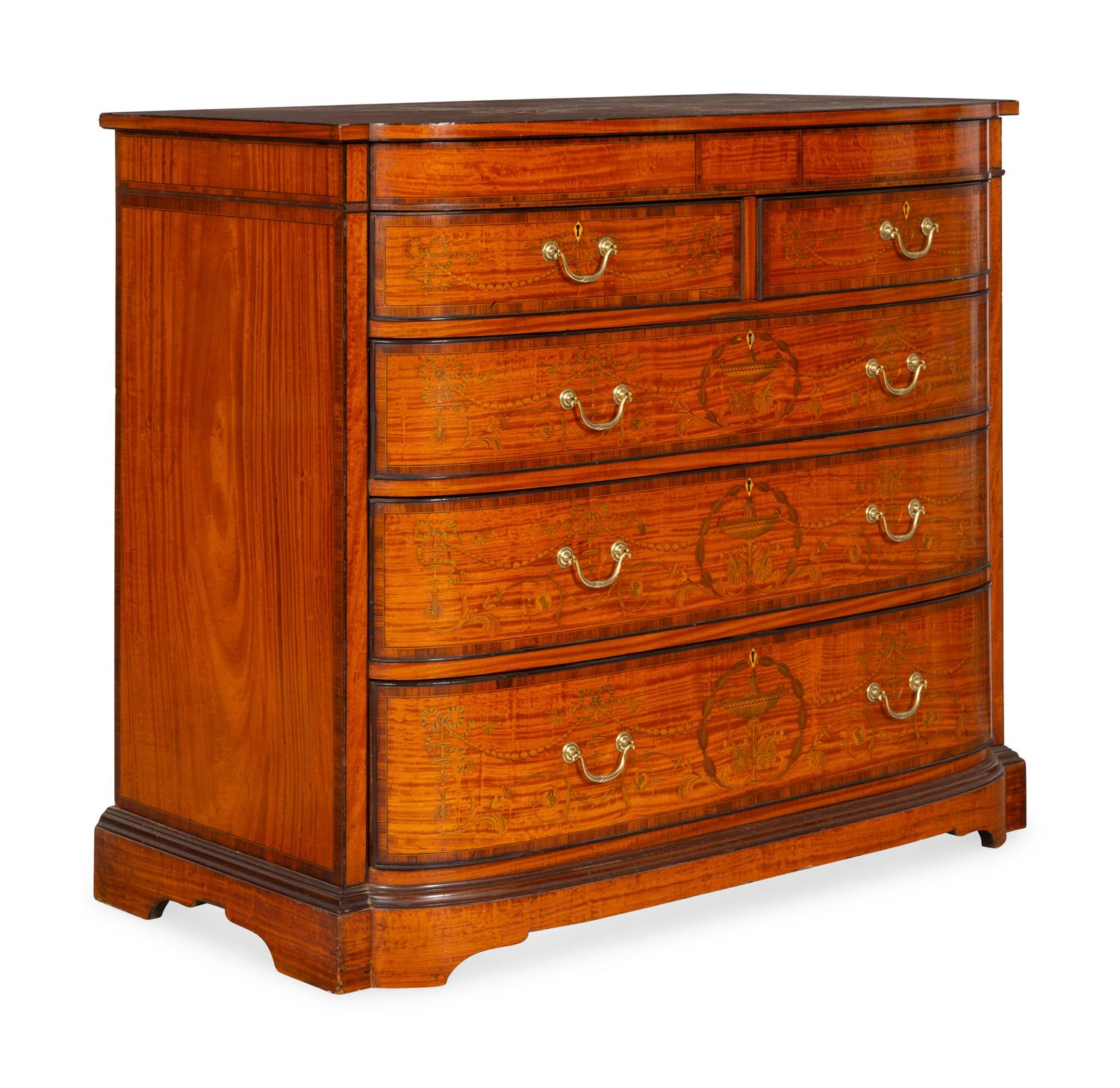 An Edwardian Painted and Inlaid Satinwood Chest of Drawers