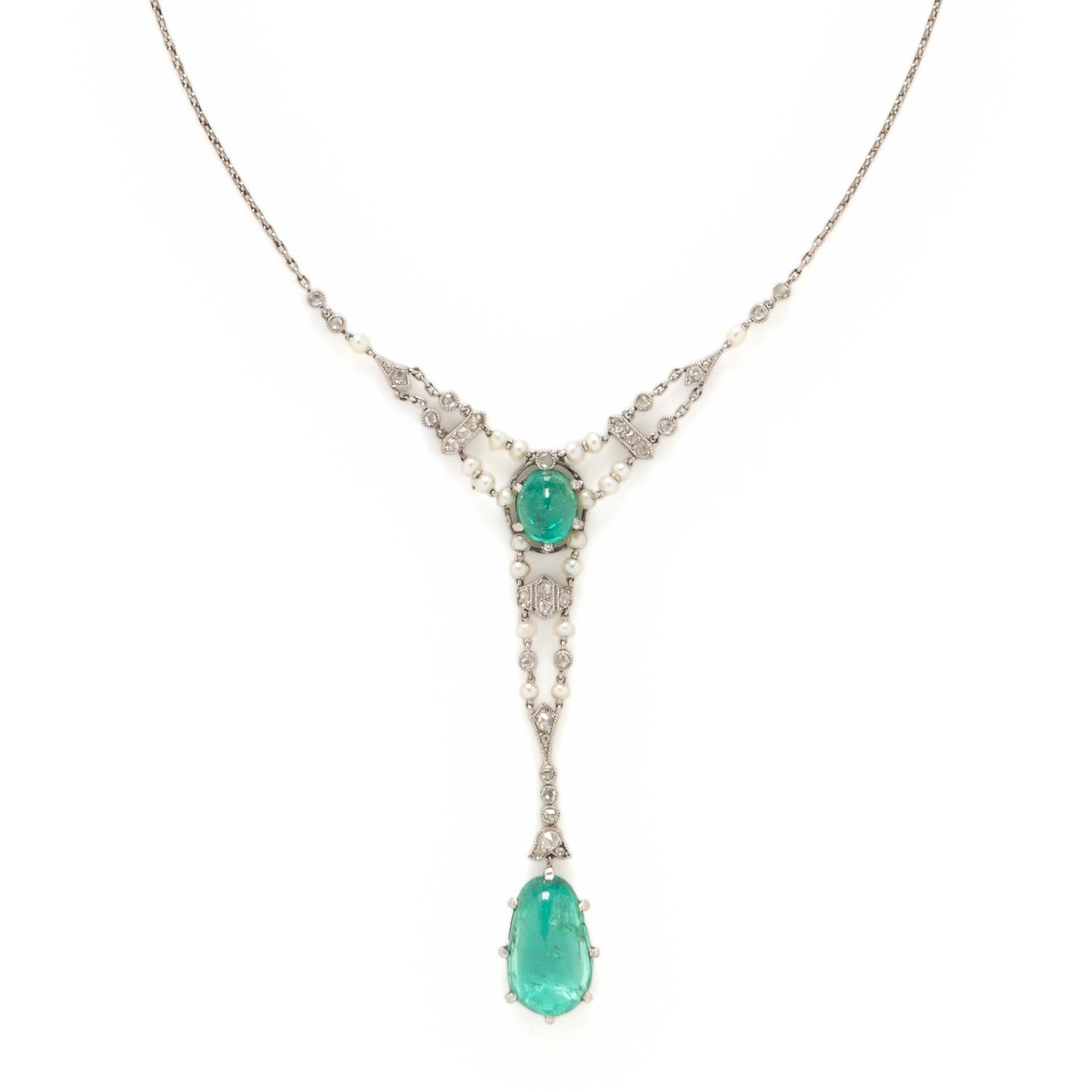 ANTIQUE, EMERALD, DIAMOND AND SEED PEARL NECKLACE