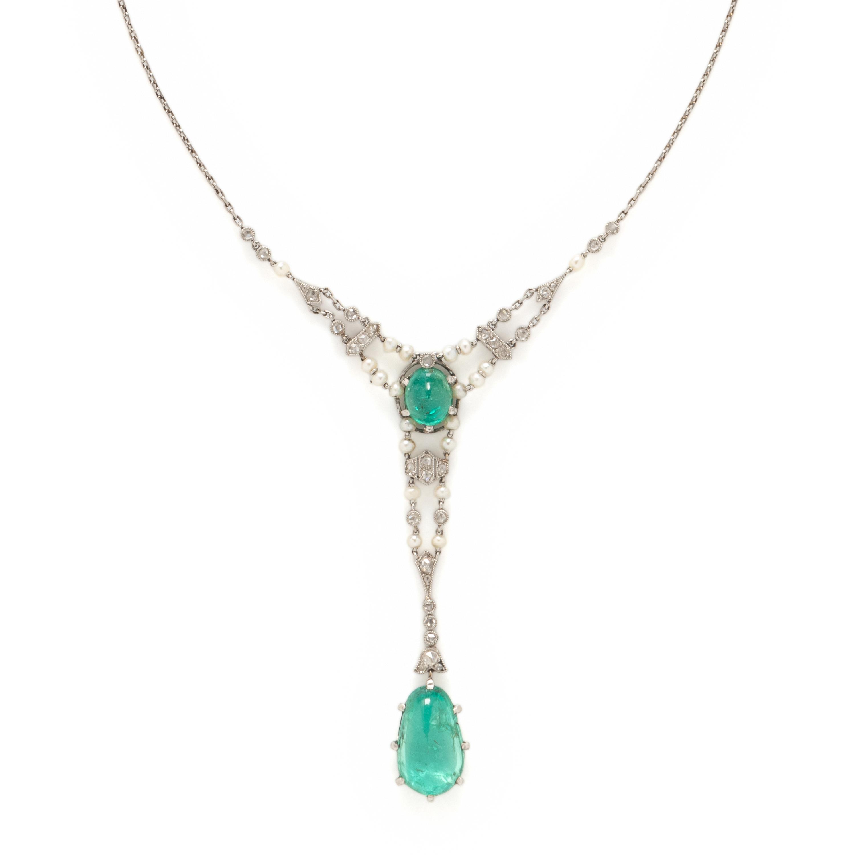 ANTIQUE, EMERALD, DIAMOND AND SEED PEARL NECKLACE