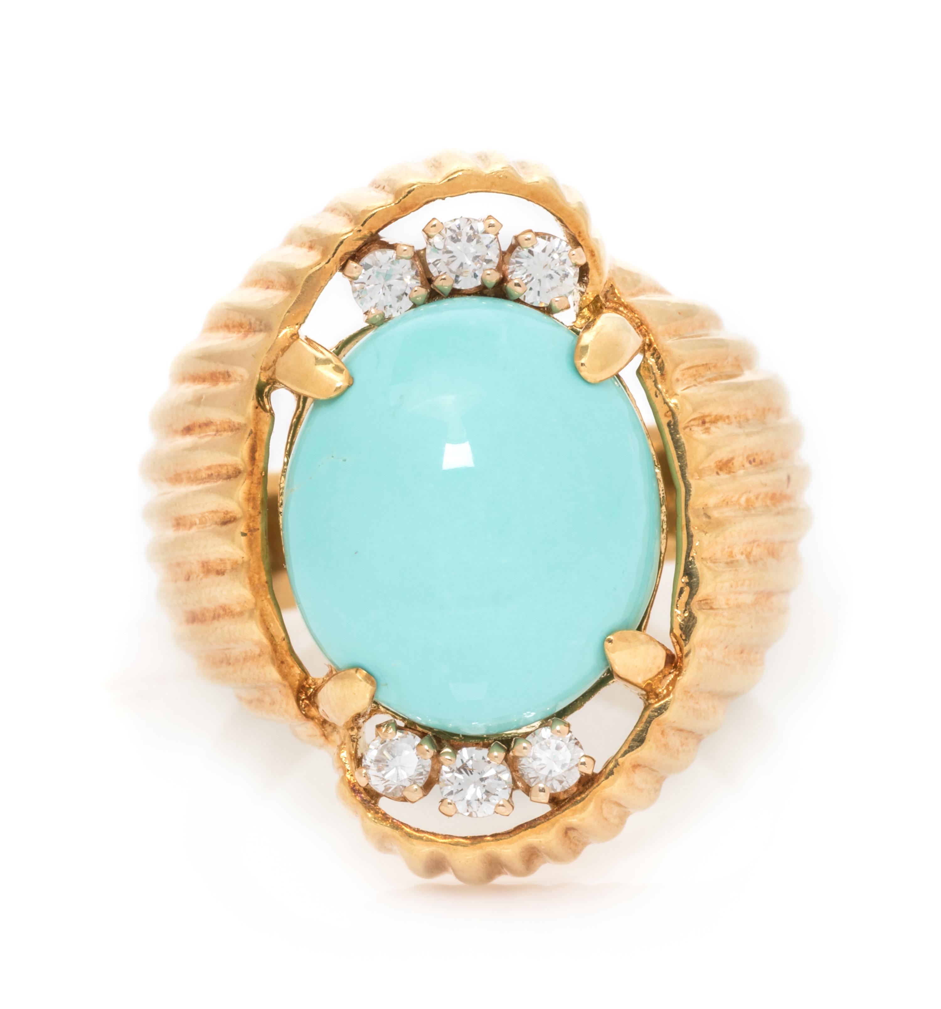 A 14 Karat Yellow Gold, Turquoise and Diamond Ring, 7.70 dwts.