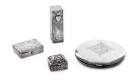 Four Silver Purse Articles, 20th Century, comprising a compact stamped sterling silver/37, a lipstick case stamped 950/silver, a pill b