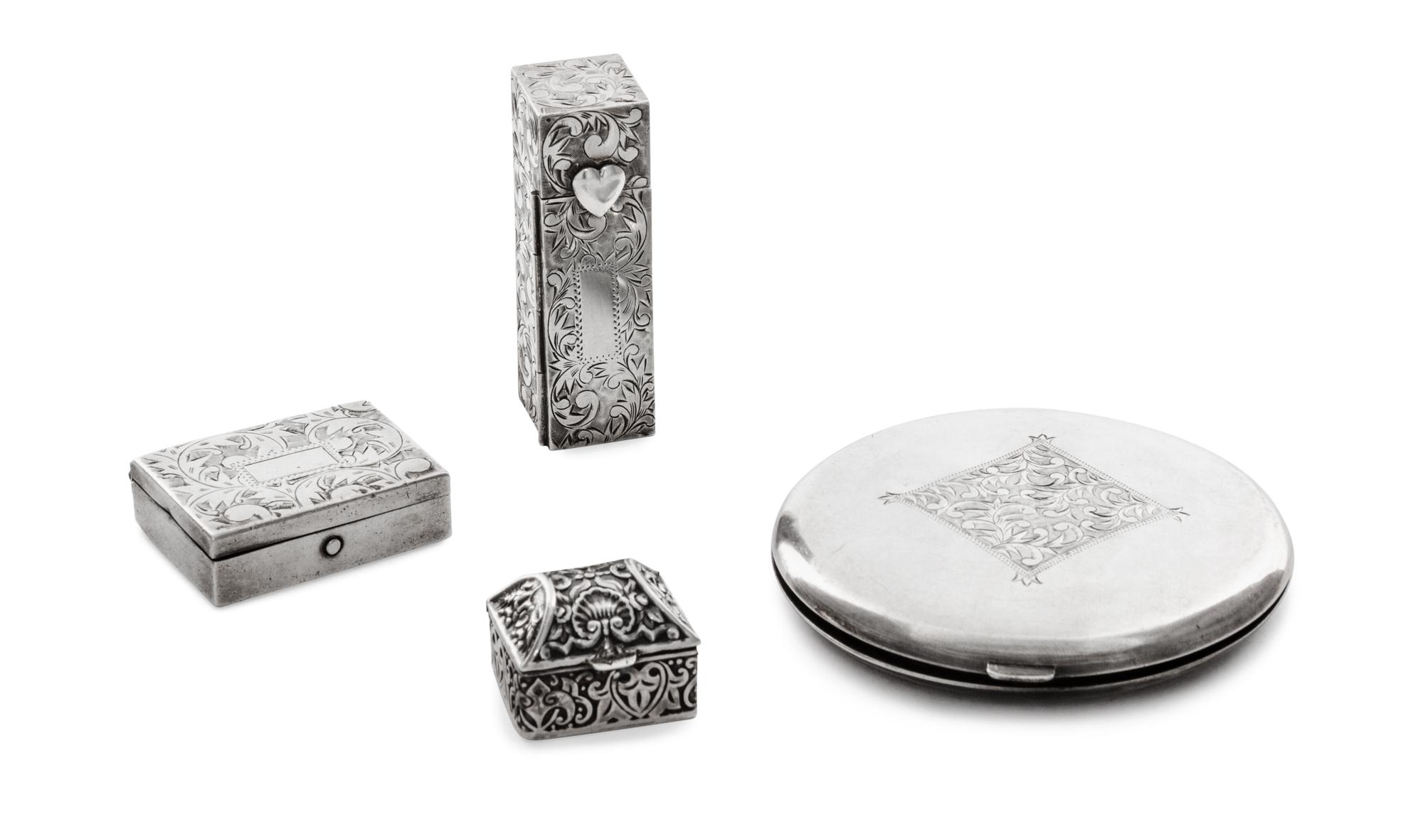 Four Silver Purse Articles, 20th Century, comprising a compact stamped sterling silver/37, a lipstick case stamped 950/silver, a pill b