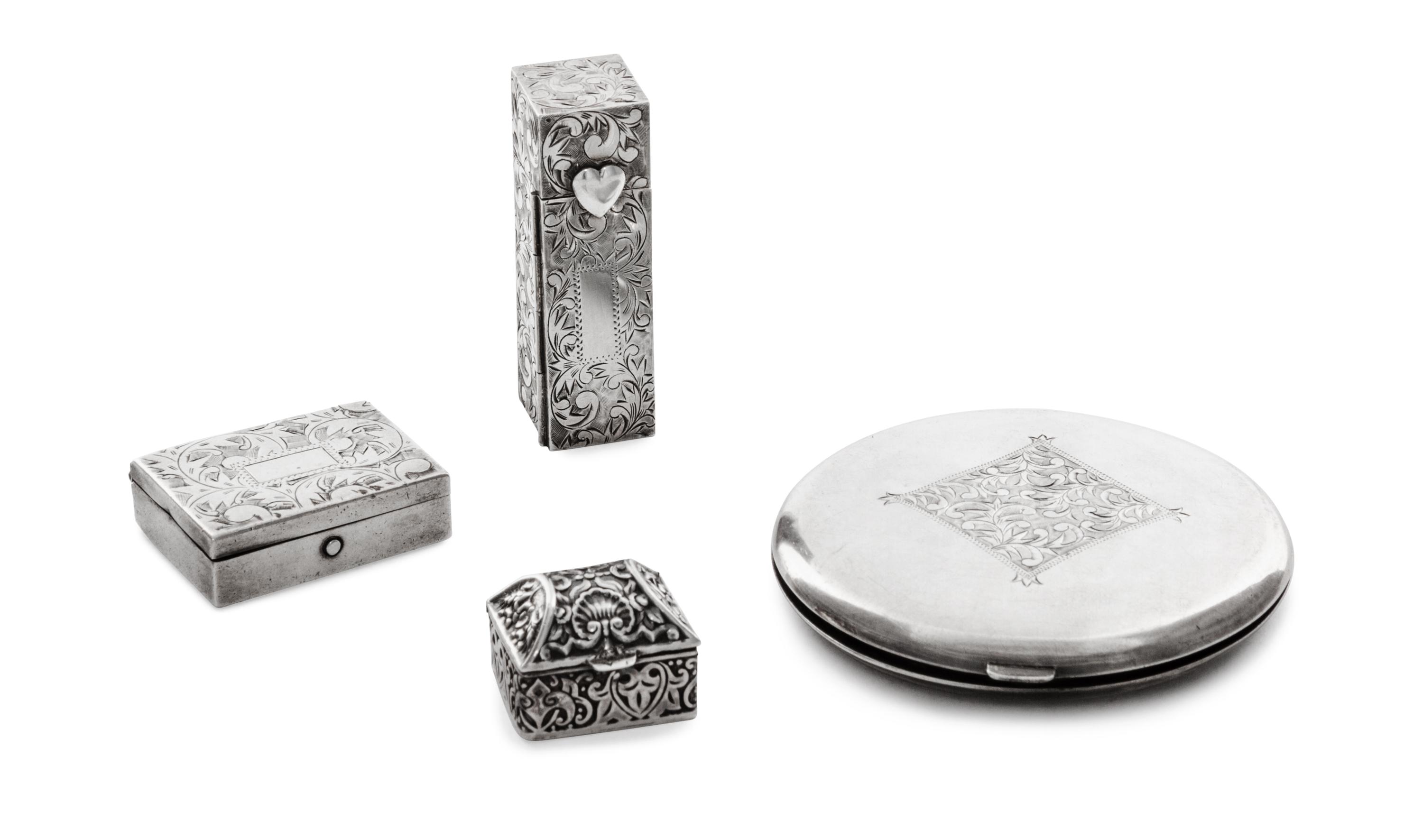 Four Silver Purse Articles, 20th Century, comprising a compact stamped sterling silver/37, a lipstick case stamped 950/silver, a pill b