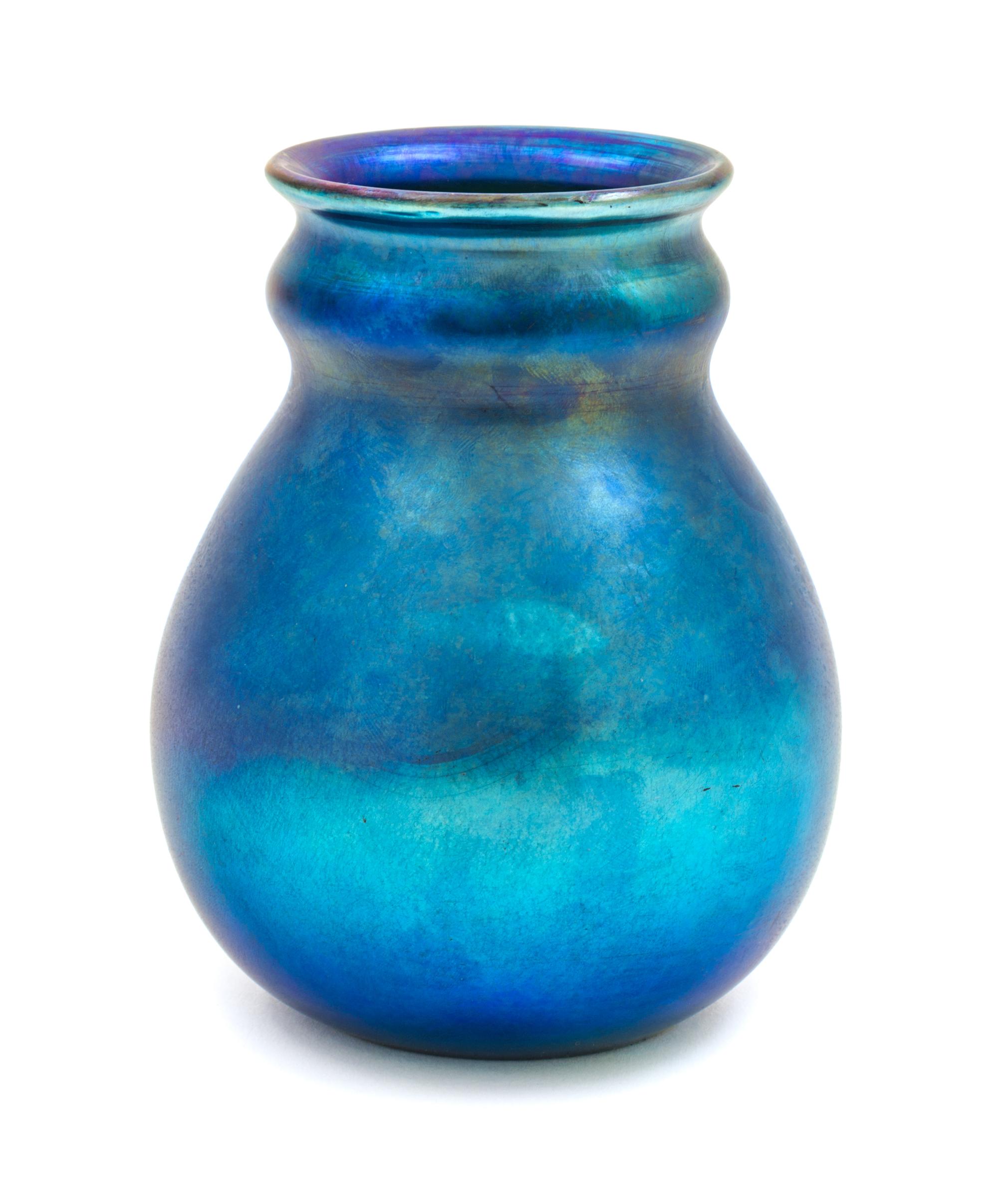 A Tiffany Studios Blue Favrile Glass Vase Height 5 1/8 inches.