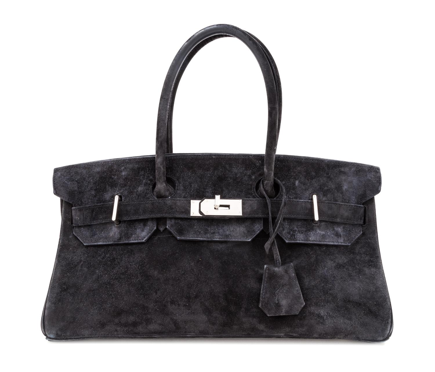 An Hermes 42cm Black Suede Shoulder Birkin Bag, 16.5" x 9" x 7"; Top handle 5.25".