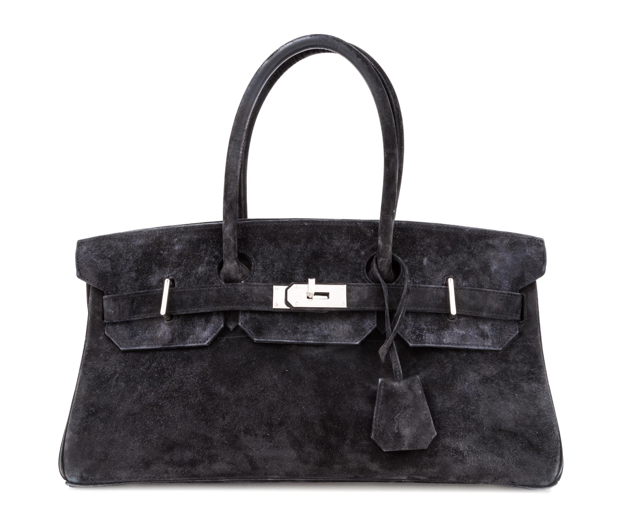 An Hermes 42cm Black Suede Shoulder Birkin Bag, 16.5" x 9" x 7"; Top handle 5.25".