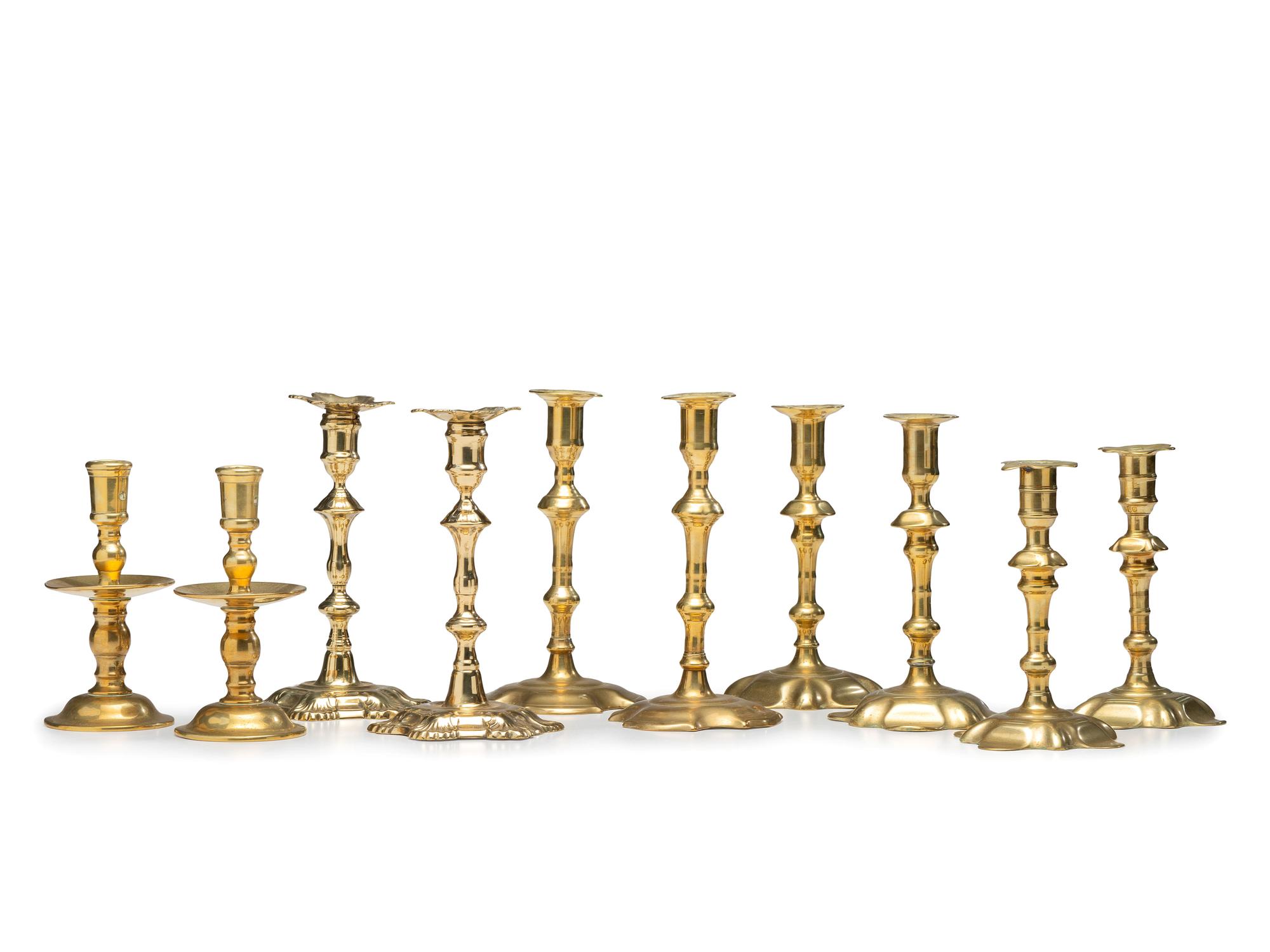 Five Pairs of English Cast Brass Candlesticks