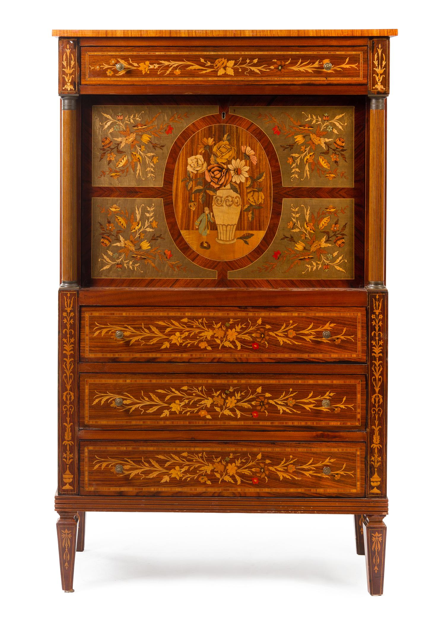 An Italian Marquetry Secretary Bureau Height 61 1/2 x width 37 1/4 x depth 18 1/2 inches.