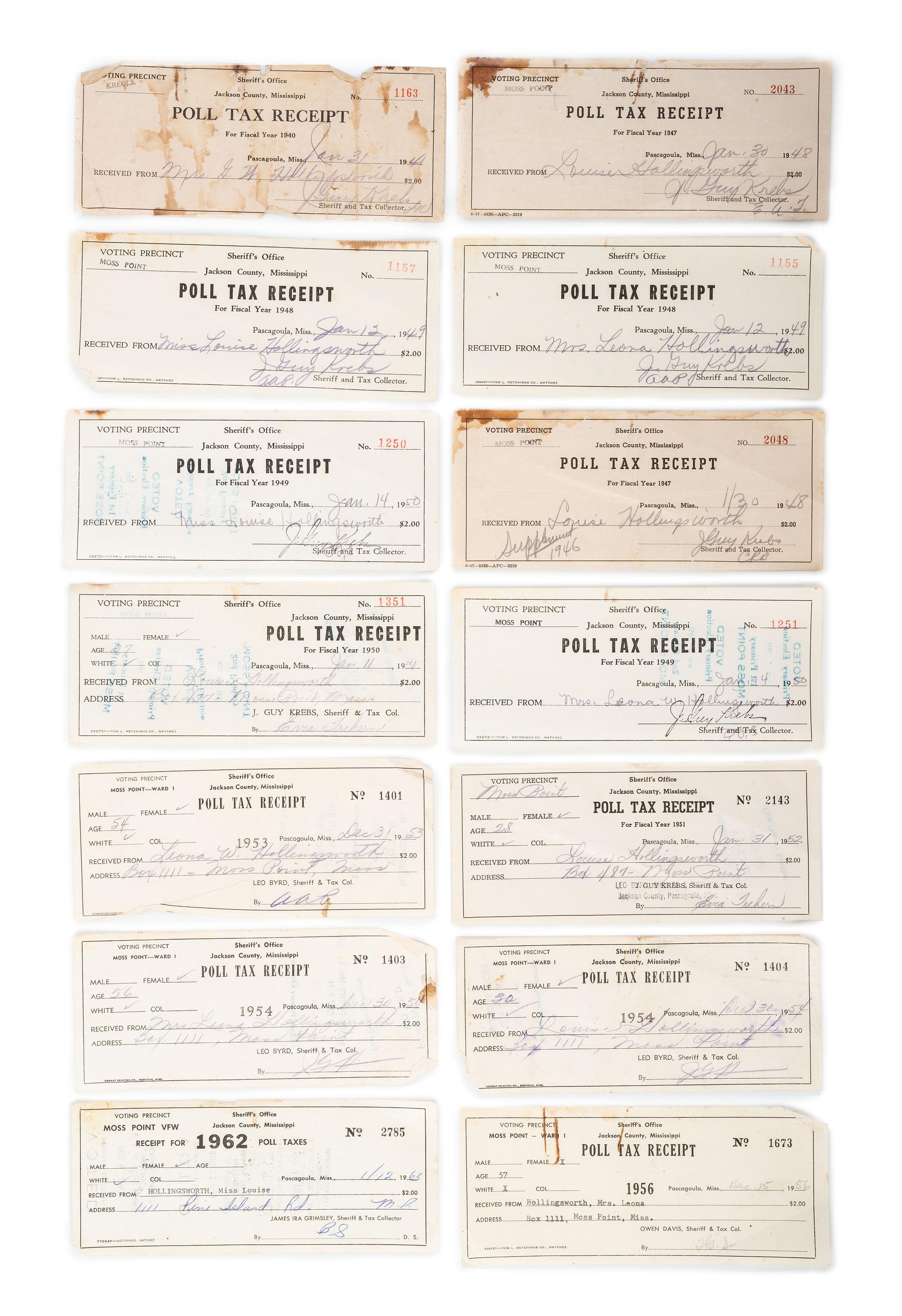 [VOTING]. A group of 14 poll tax receipts. Jackson County, Mississippi, 1941-1963.