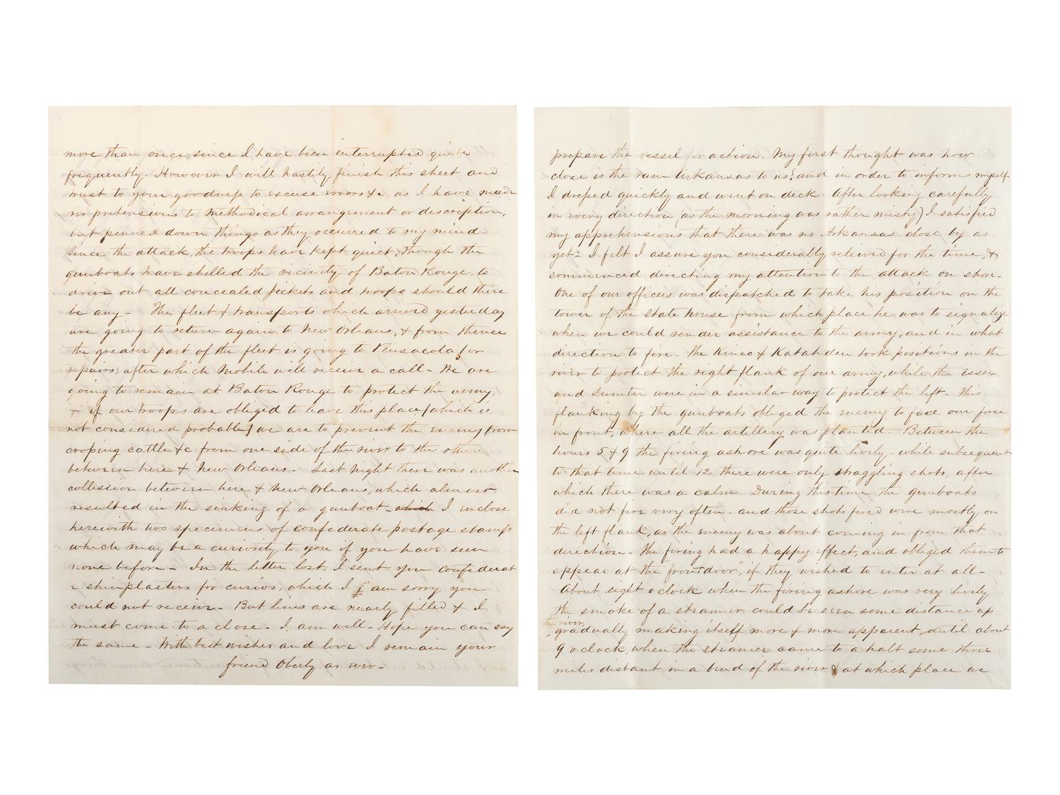 [CIVIL WAR - NAVY]. A group of 2 documents related to the Battle of Baton Rouge and its aftermath, comprising: