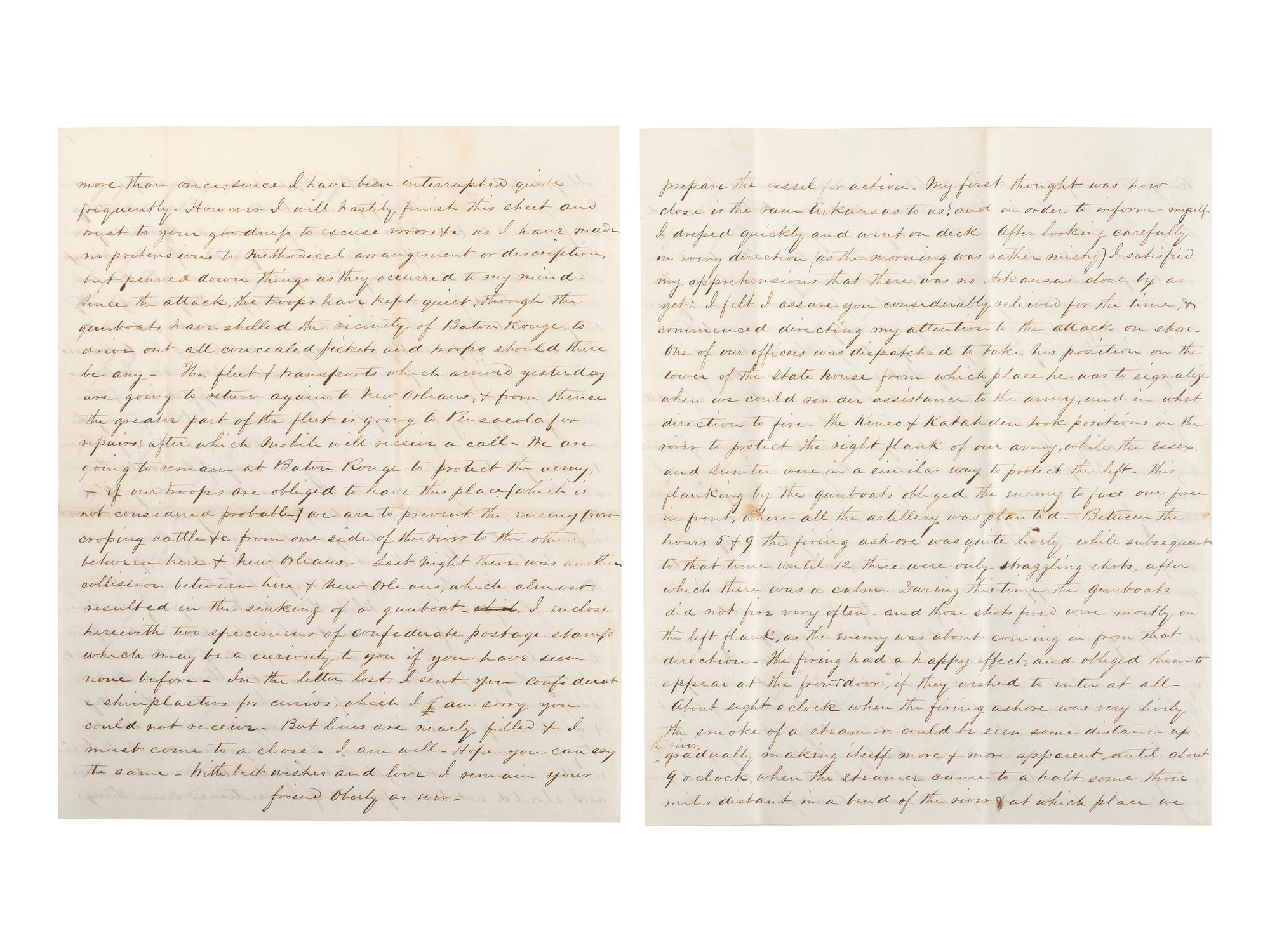 [CIVIL WAR - NAVY]. A group of 2 documents related to the Battle of Baton Rouge and its aftermath, comprising: