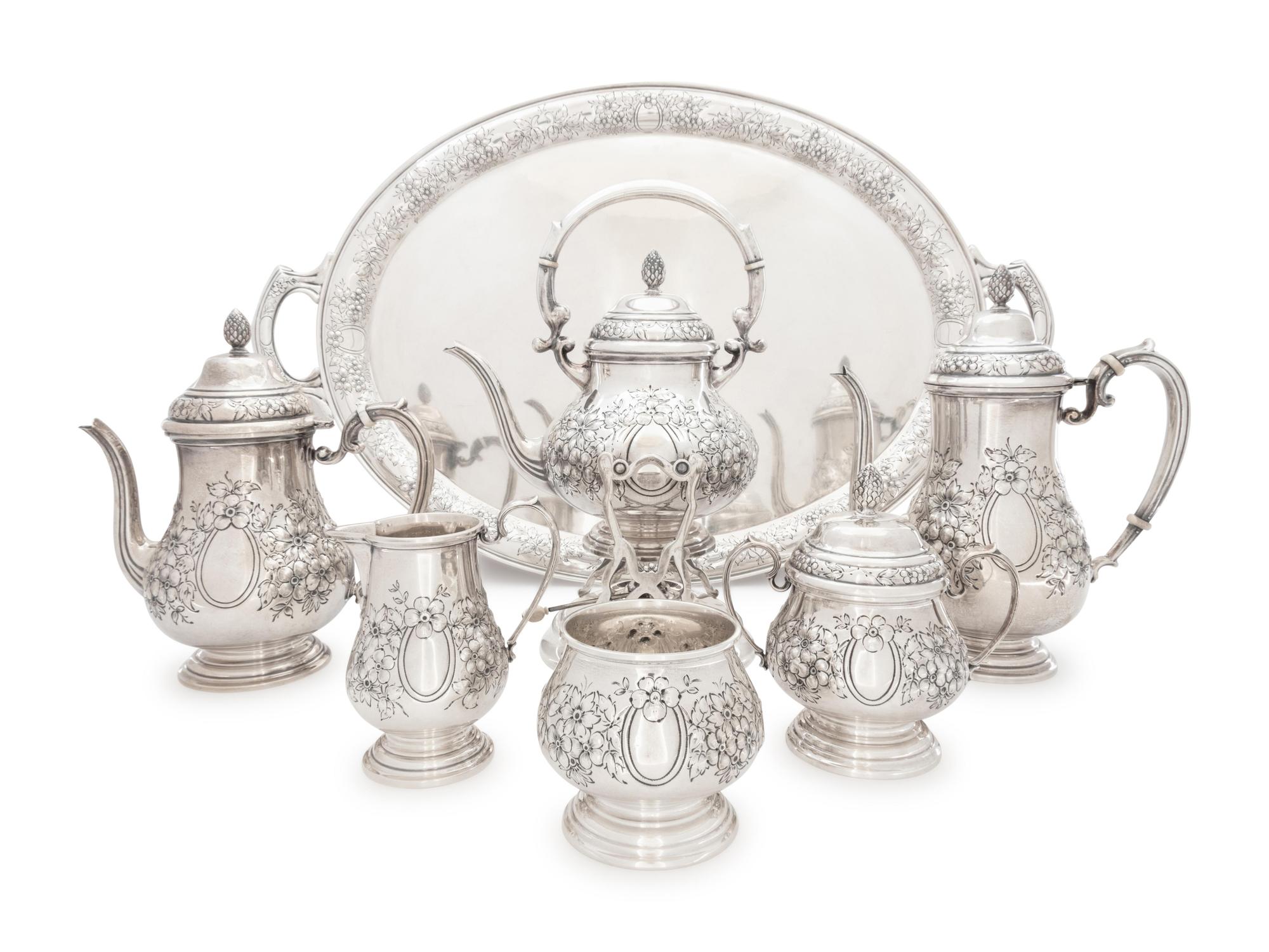 An American Silver 'Hand Chased' Seven-Piece Tea and Coffee Service