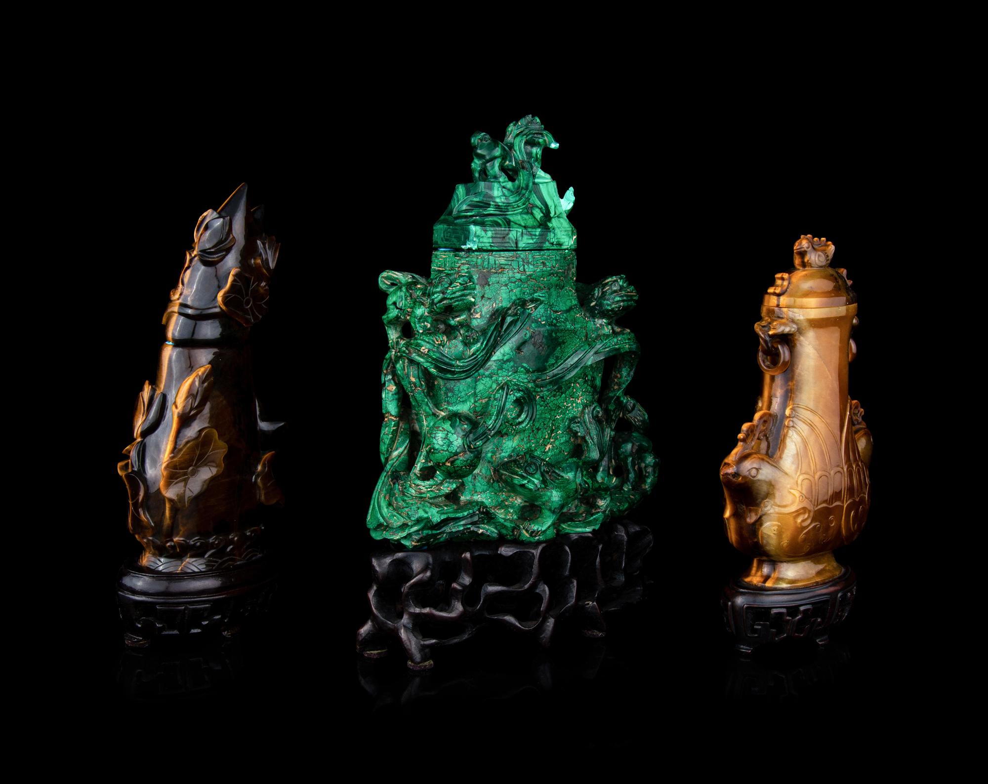 Three Chinese Hardstone Covered Vases