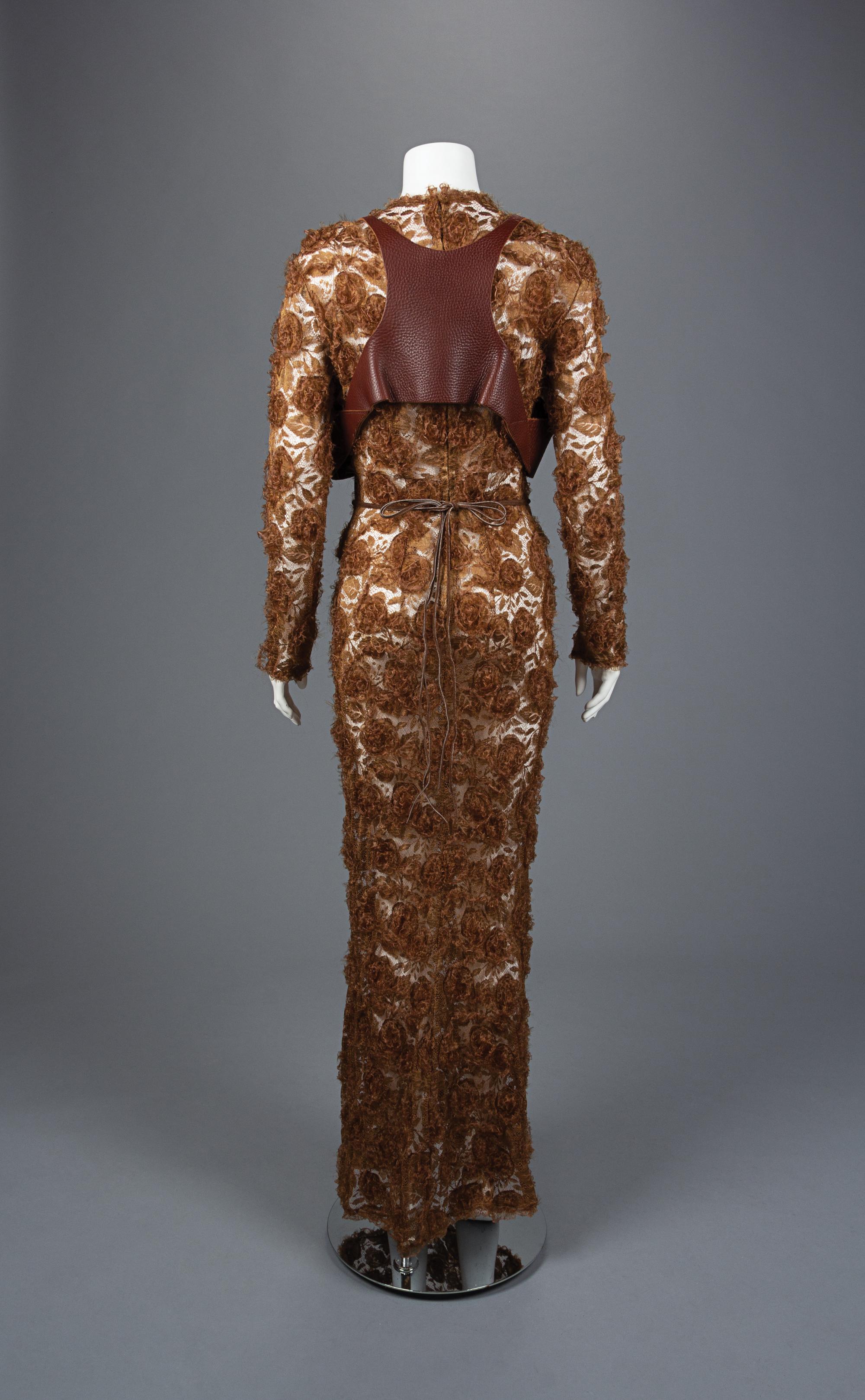 Geoffrey Beene Embroidered Lace and Leather Dress, Fall 1995