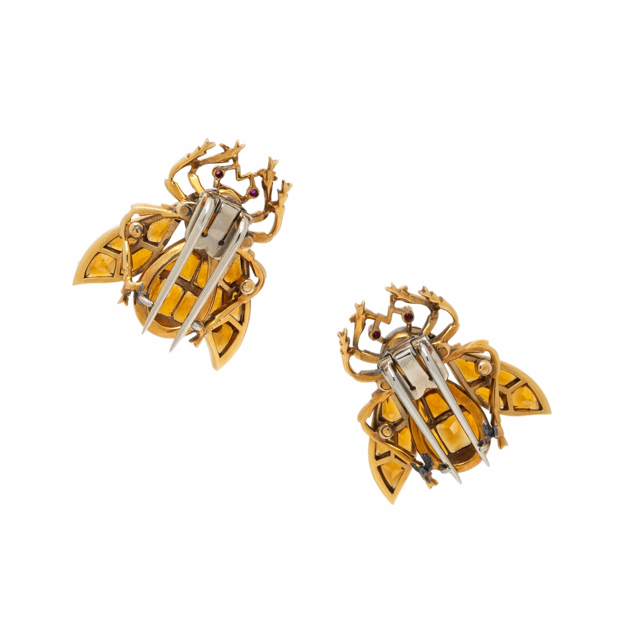 TWO CITRINE AND YELLOW GOLD BEE BROOCHES
