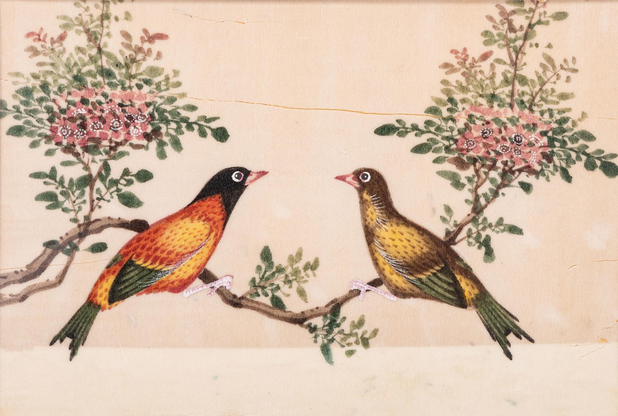 Seven Chinese Export Pith Paintings of Perched Birds and Flowers