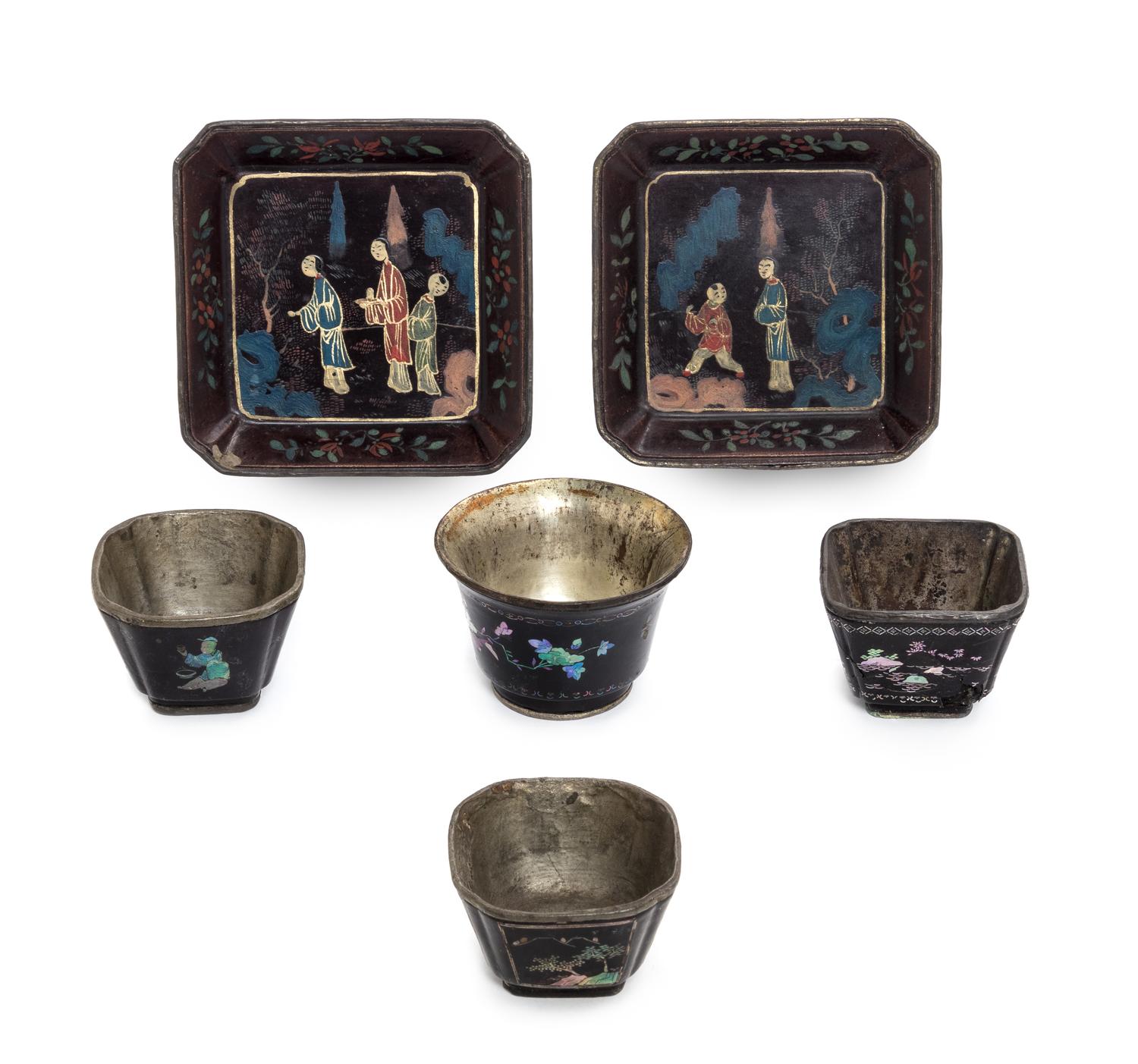 Six Chinese Black Lacquered Wares Diameter of plates 4 inches. — 19TH CENTURY