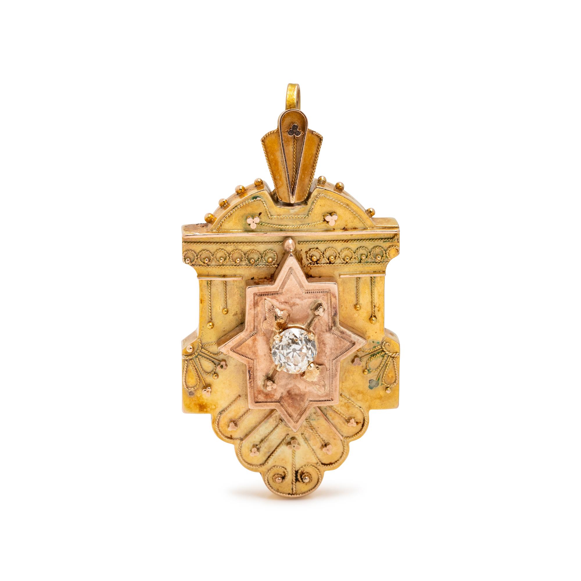 ETRUSCAN REVIVAL, BICOLOR GOLD AND DIAMOND LOCKET PENDANT