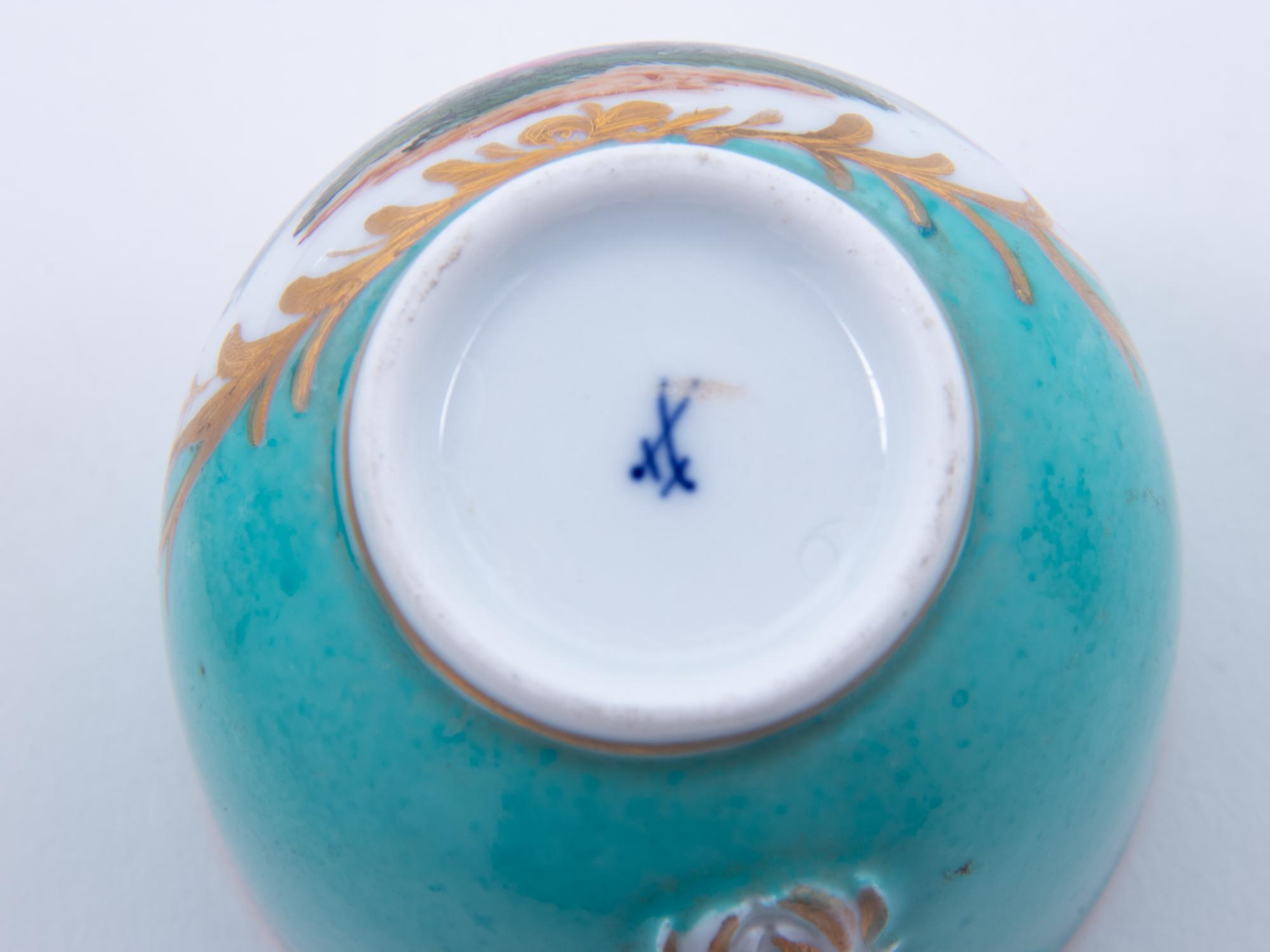 Three Meissen Painted and Parcel Gilt Porcelain Cup and Saucer Sets, a Covered Cup and Two Spoons