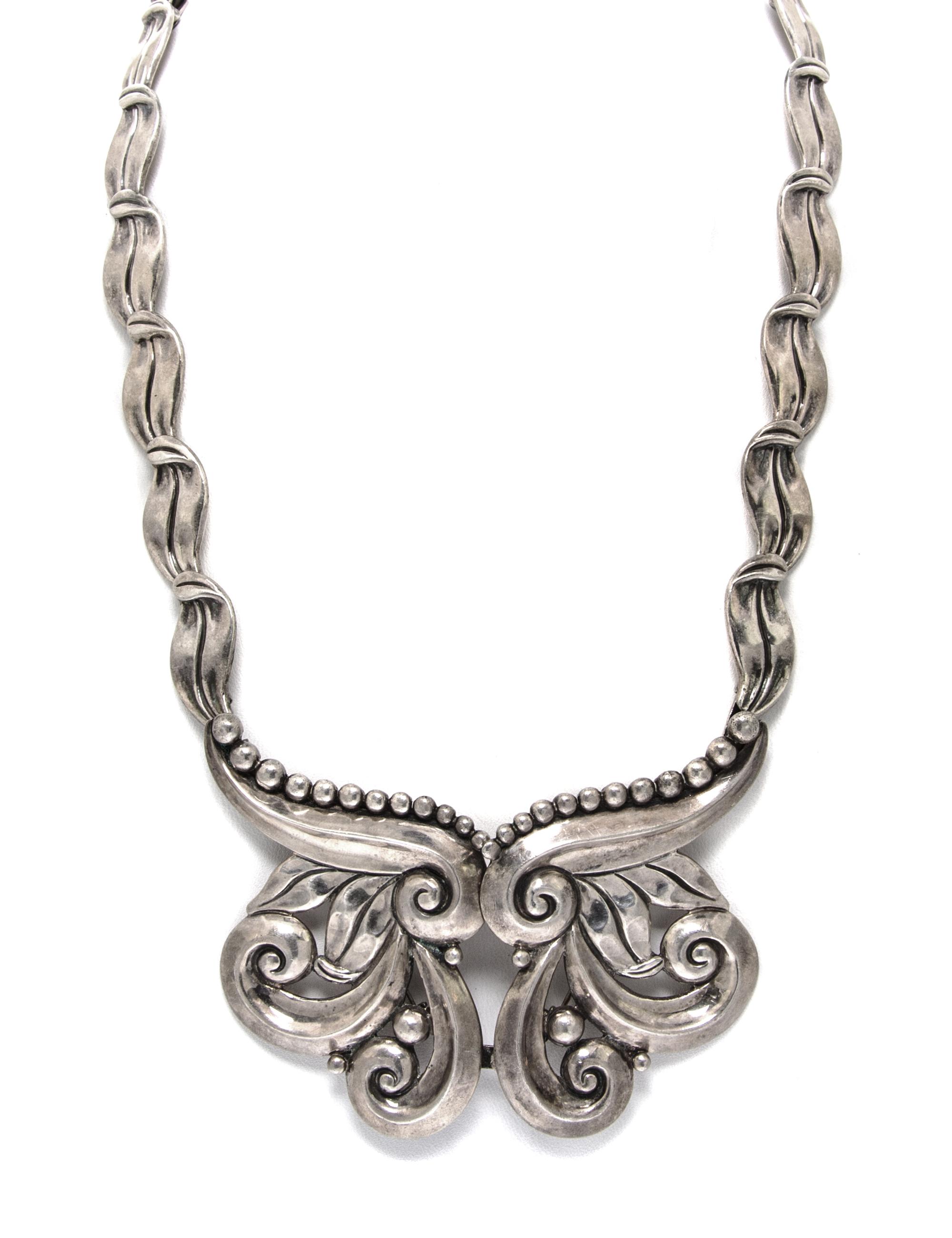 A Sterling Necklace with Two Detachable Brooches, Margot de Taxco, 61.90 dwts.