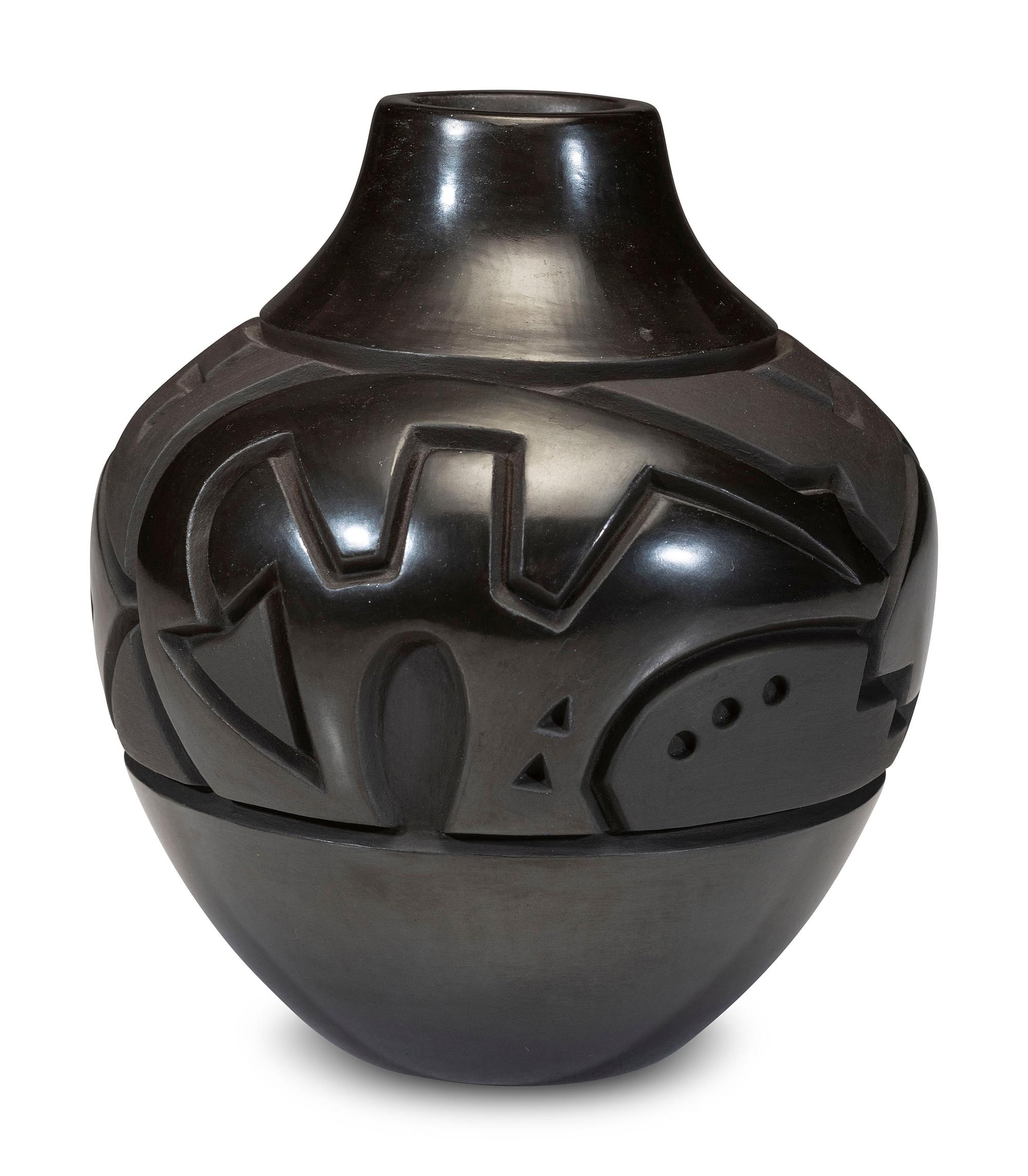 Deeply Carved Blackware Pottery Jar, with Dragonfly and Bear, 2004