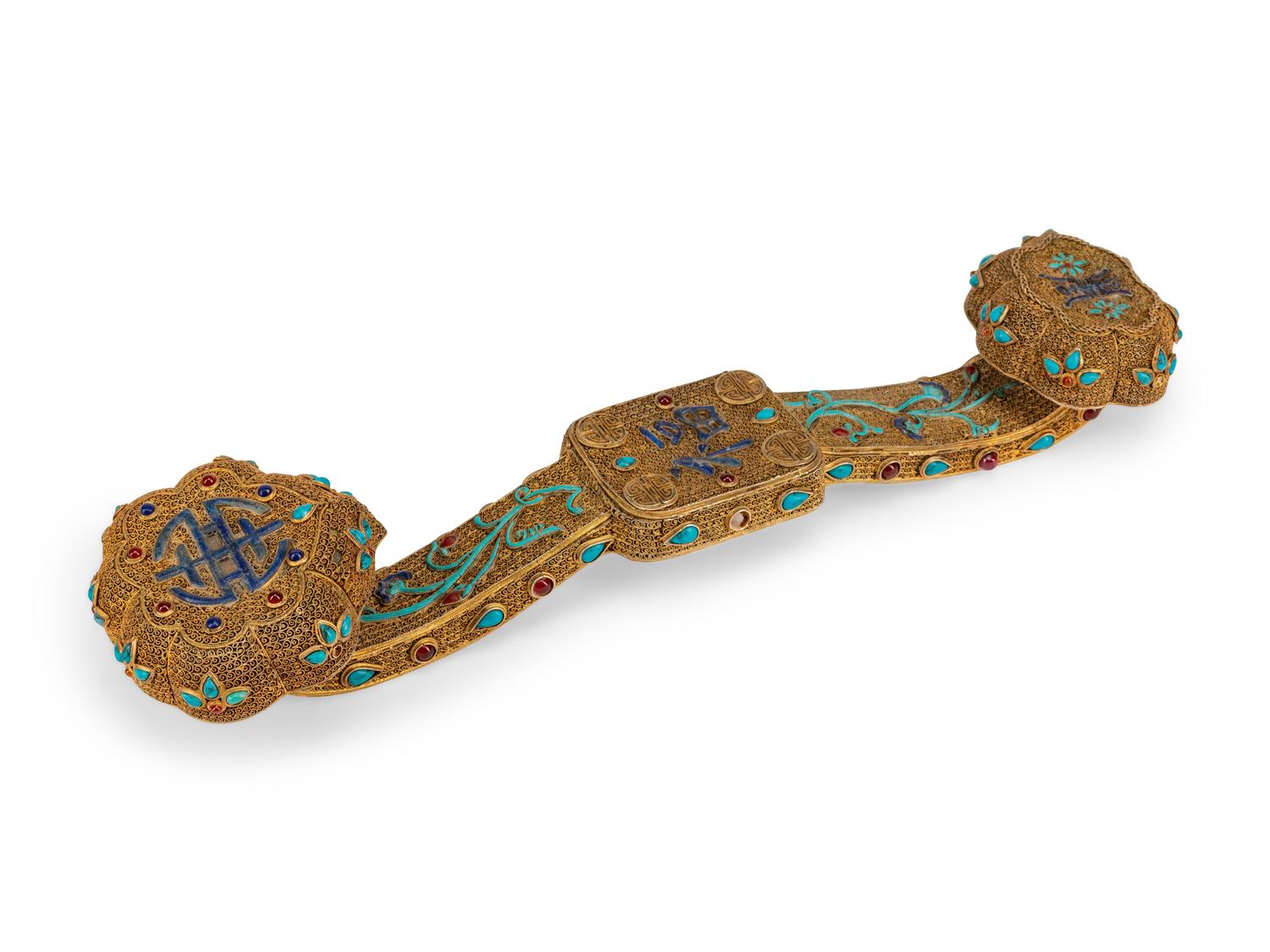A Chinese Enameled and Jeweled Gilt Metal Scepter