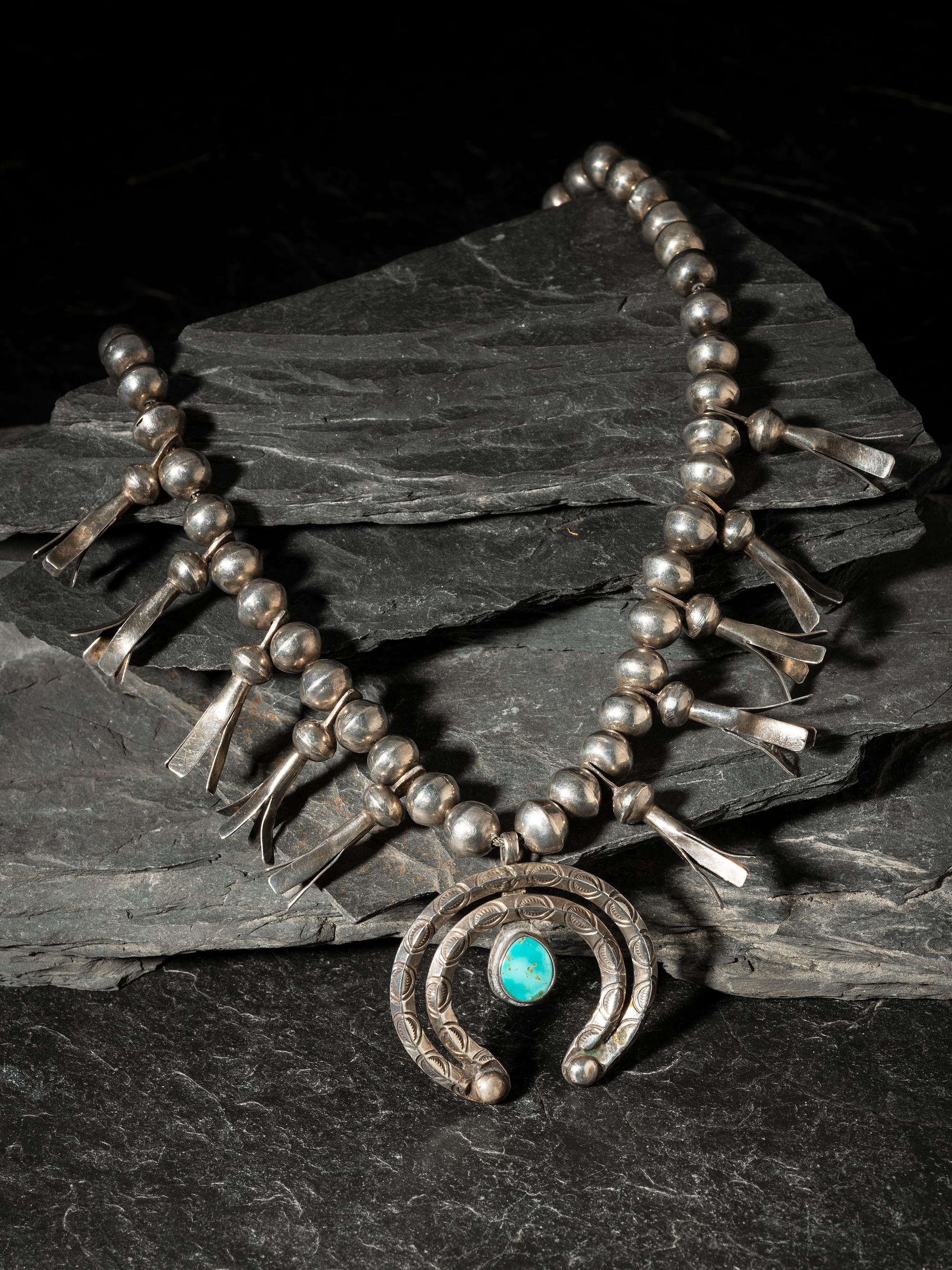Navajo Silver and Turquoise Squash Blossom Necklace