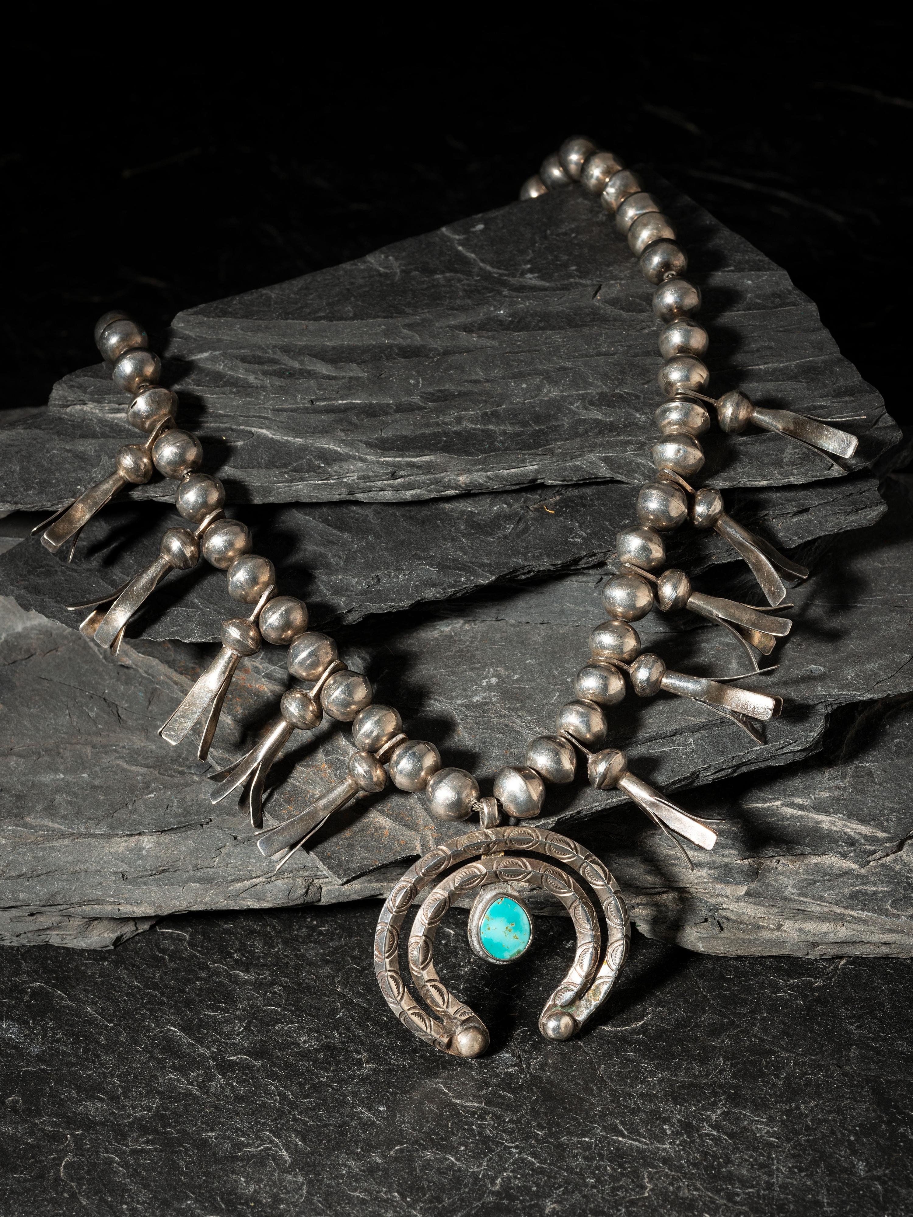 Navajo Silver and Turquoise Squash Blossom Necklace