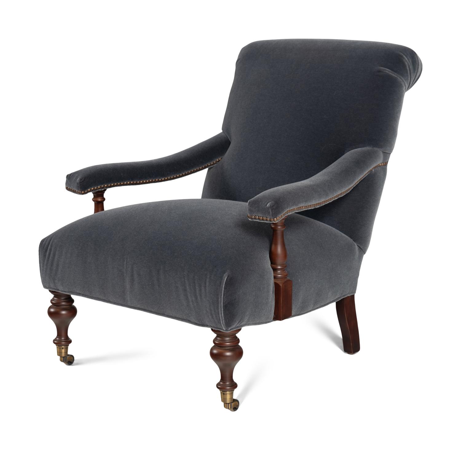 An English Velvet Upholstered Open Armchair