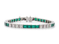 A 14 Karat White Gold, Emerald Simulant and Diamond Bracelet,