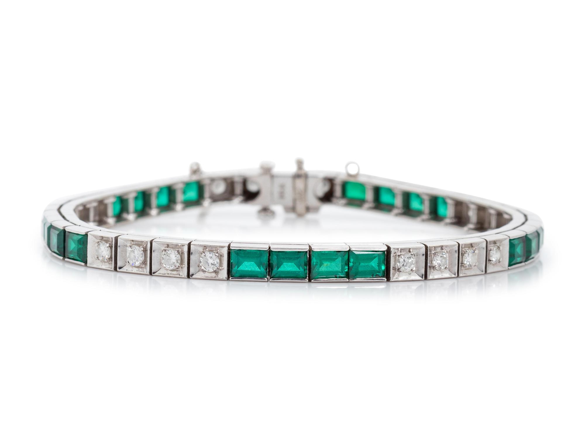 A 14 Karat White Gold, Emerald Simulant and Diamond Bracelet,