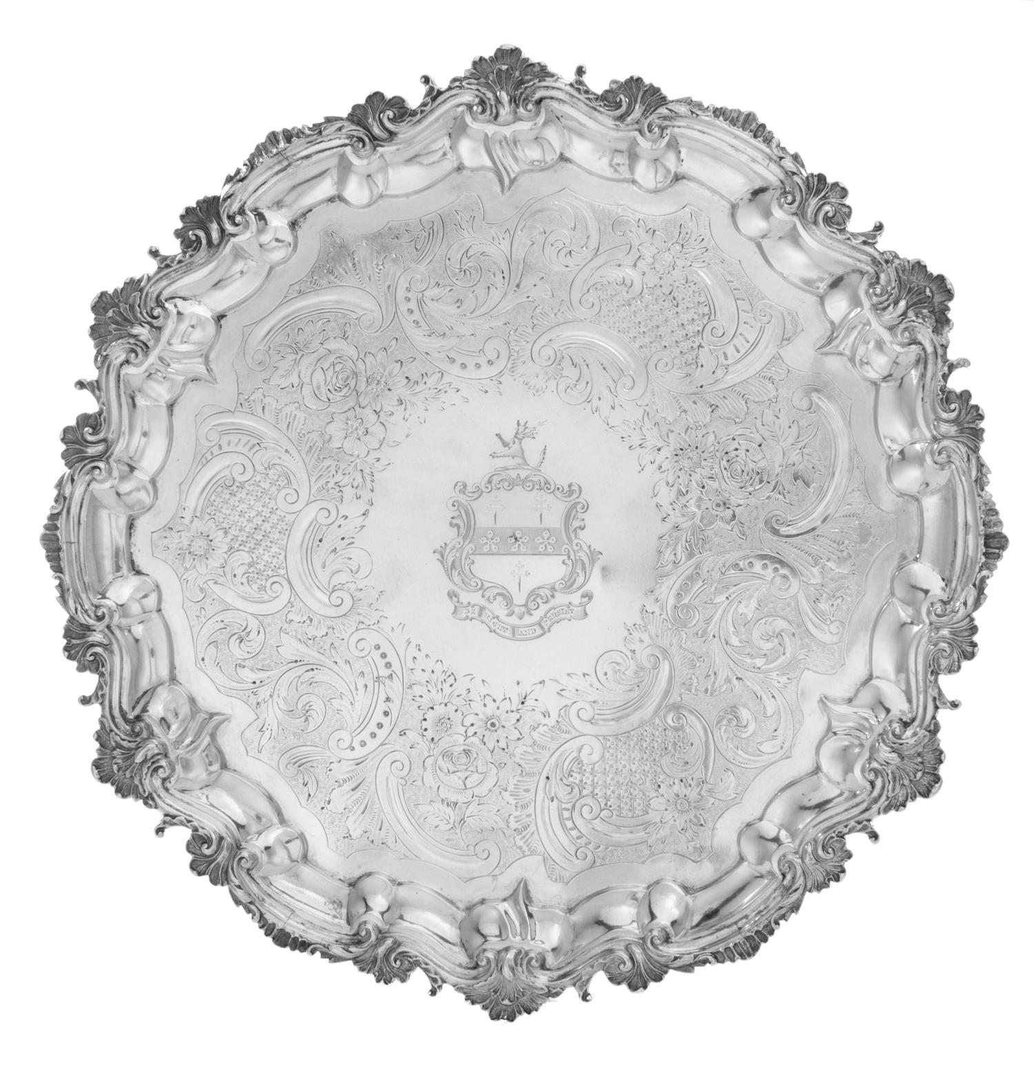 A William IV Silver Salver, Peter & Ann Bateman, London, 1831, having a rocaille, foliate and S-scroll decorated rim surrounding a flor