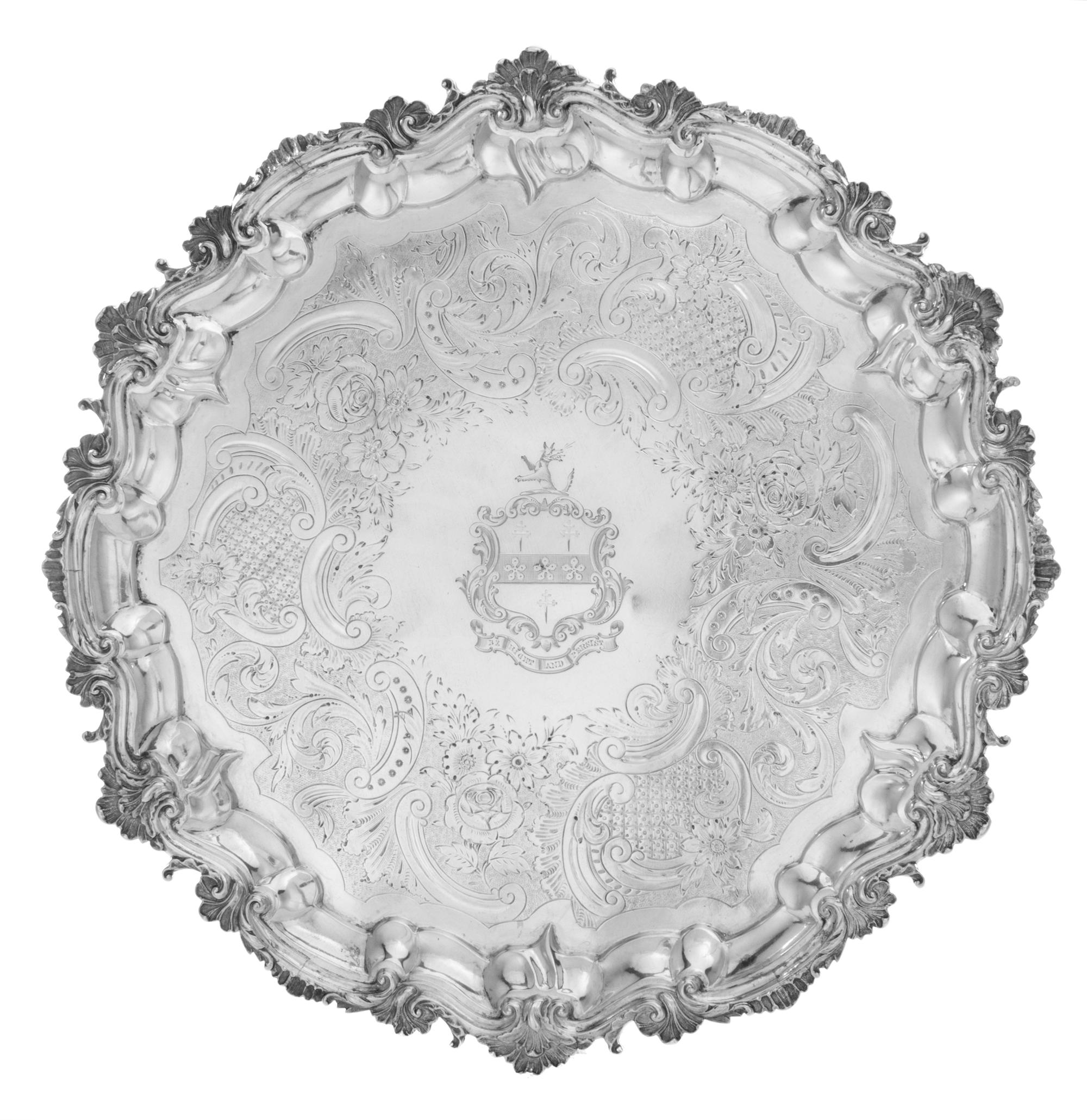 A William IV Silver Salver, Peter & Ann Bateman, London, 1831, having a rocaille, foliate and S-scroll decorated rim surrounding a flor