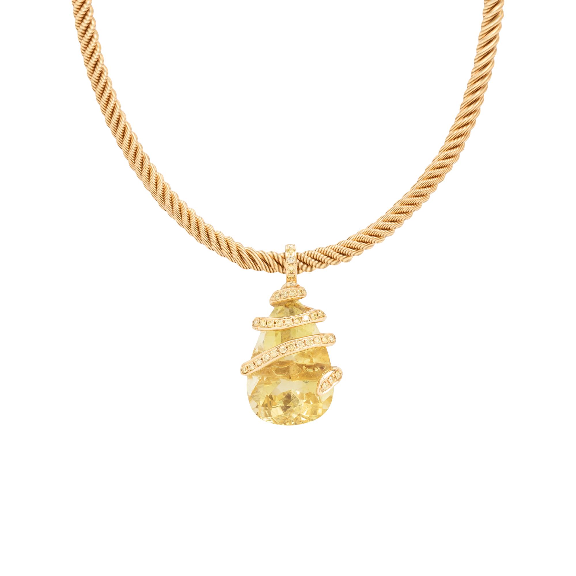 YELLOW GOLD, GREEN QUARTZ AND COLORED DIAMOND PENDANT/NECKLACE