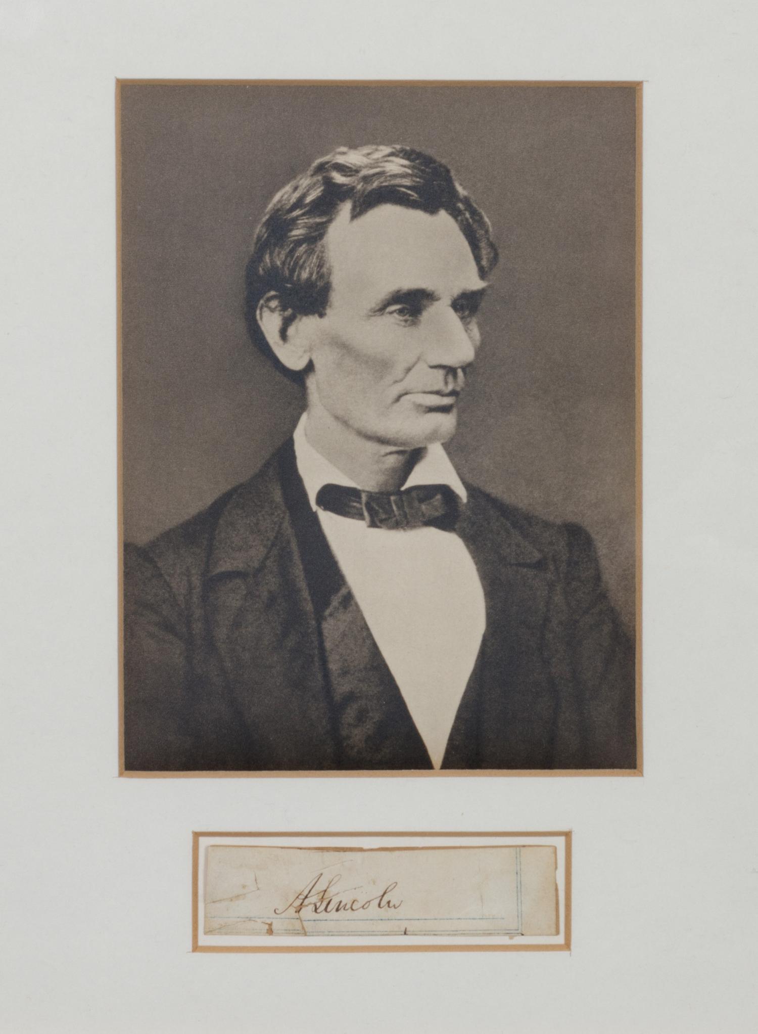 LINCOLN, Abraham (1809-1865). Signature “A. Lincoln” cut from a legal document. N.d. [ca 1859].