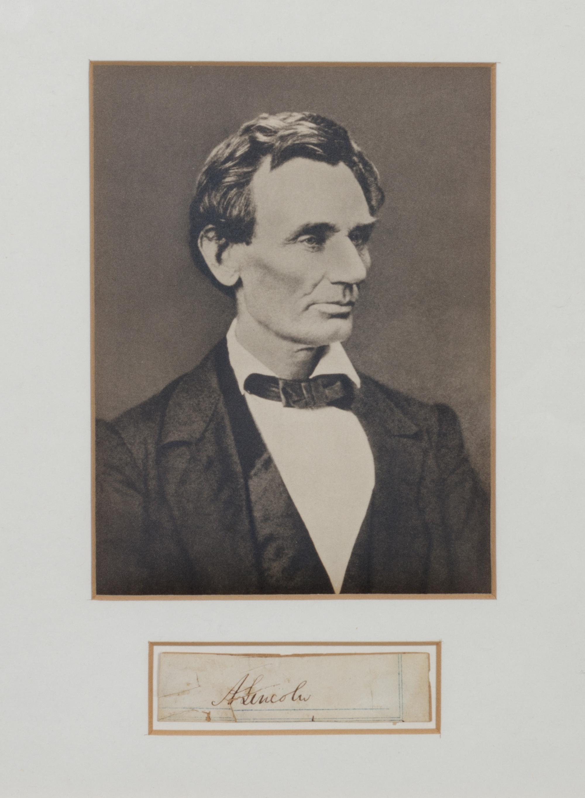 LINCOLN, Abraham (1809-1865). Signature “A. Lincoln” cut from a legal document. N.d. [ca 1859].