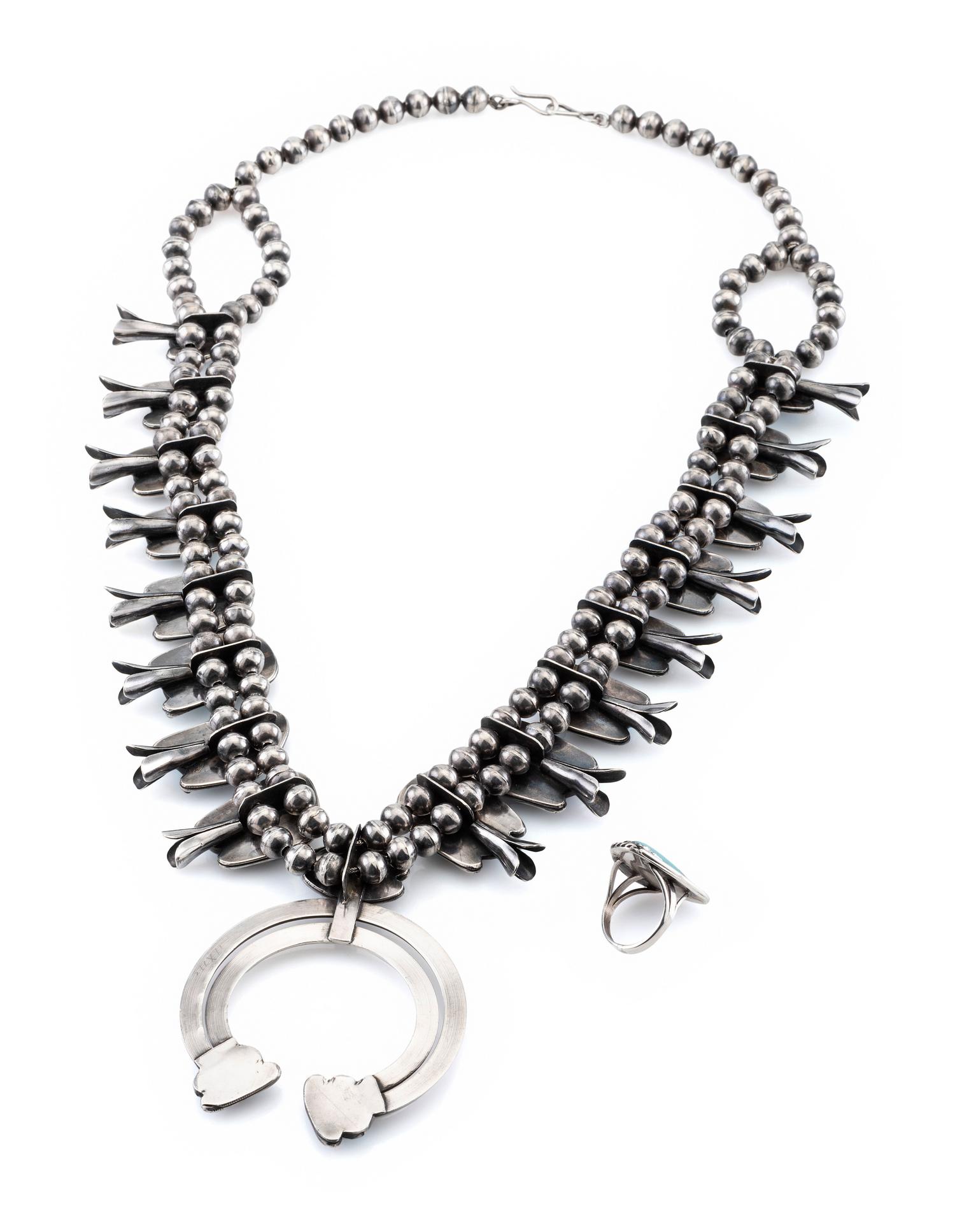 Navajo Silver and Turquoise Squash Blossom Necklace, with Ring