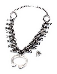 Navajo Silver and Turquoise Squash Blossom Necklace, with Ring