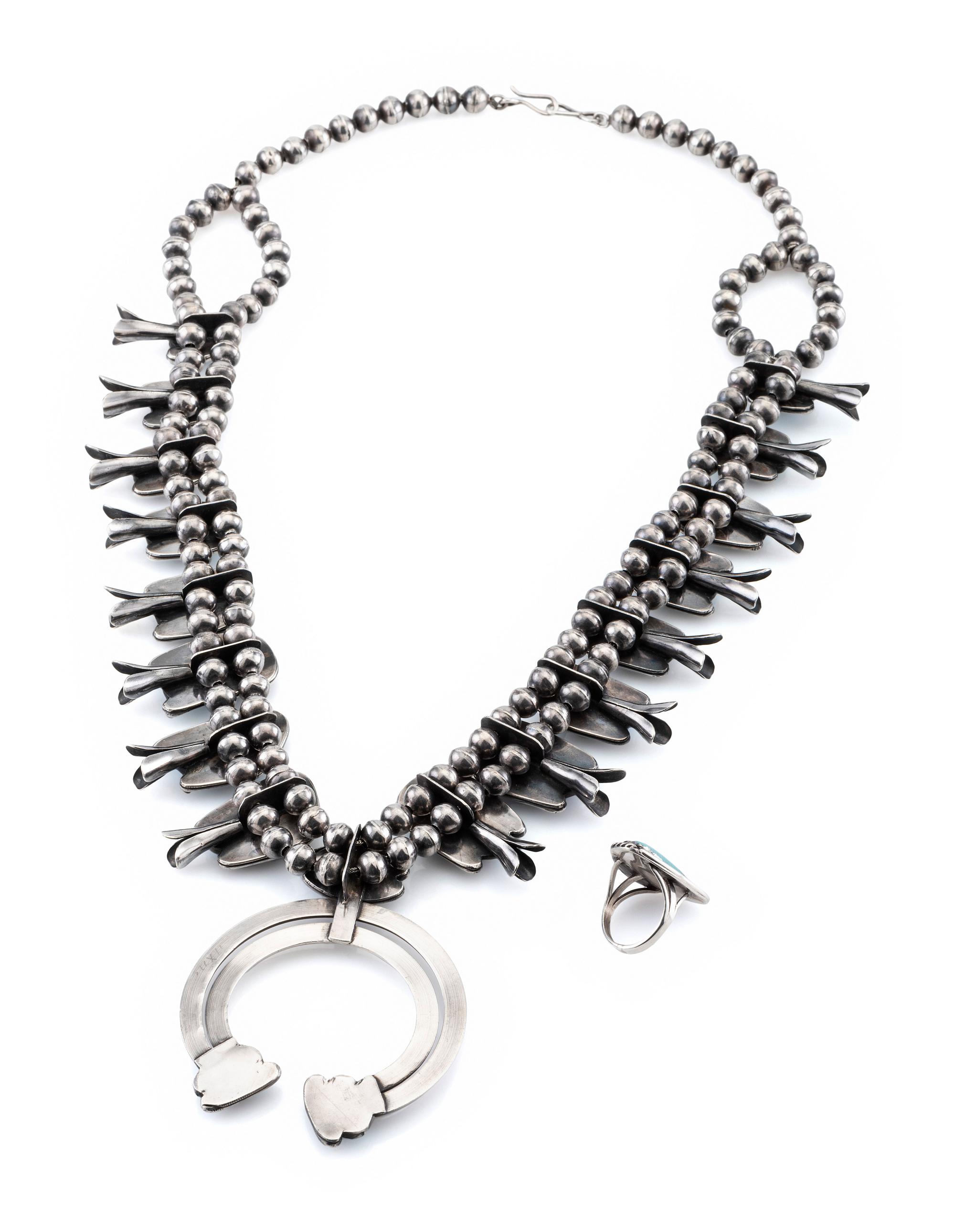 Navajo Silver and Turquoise Squash Blossom Necklace, with Ring