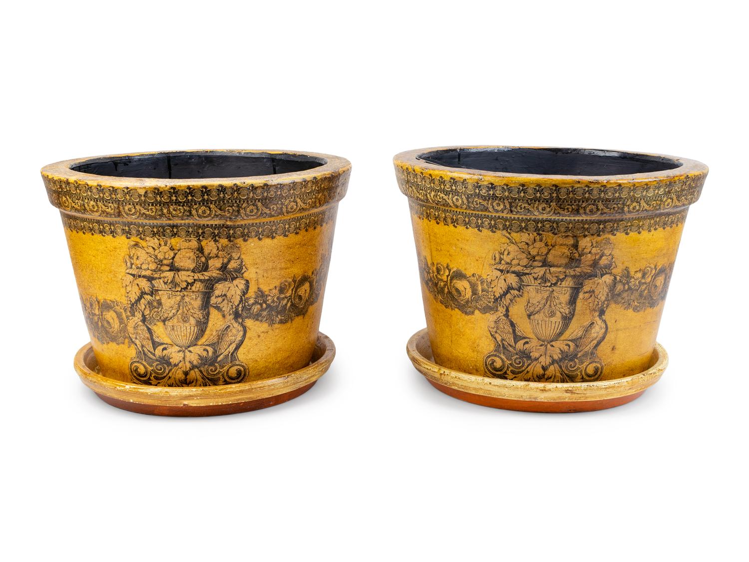 A Pair of English Papier Mache Over Terracotta Planters with Under Trays — 19TH/20TH CENTURY
