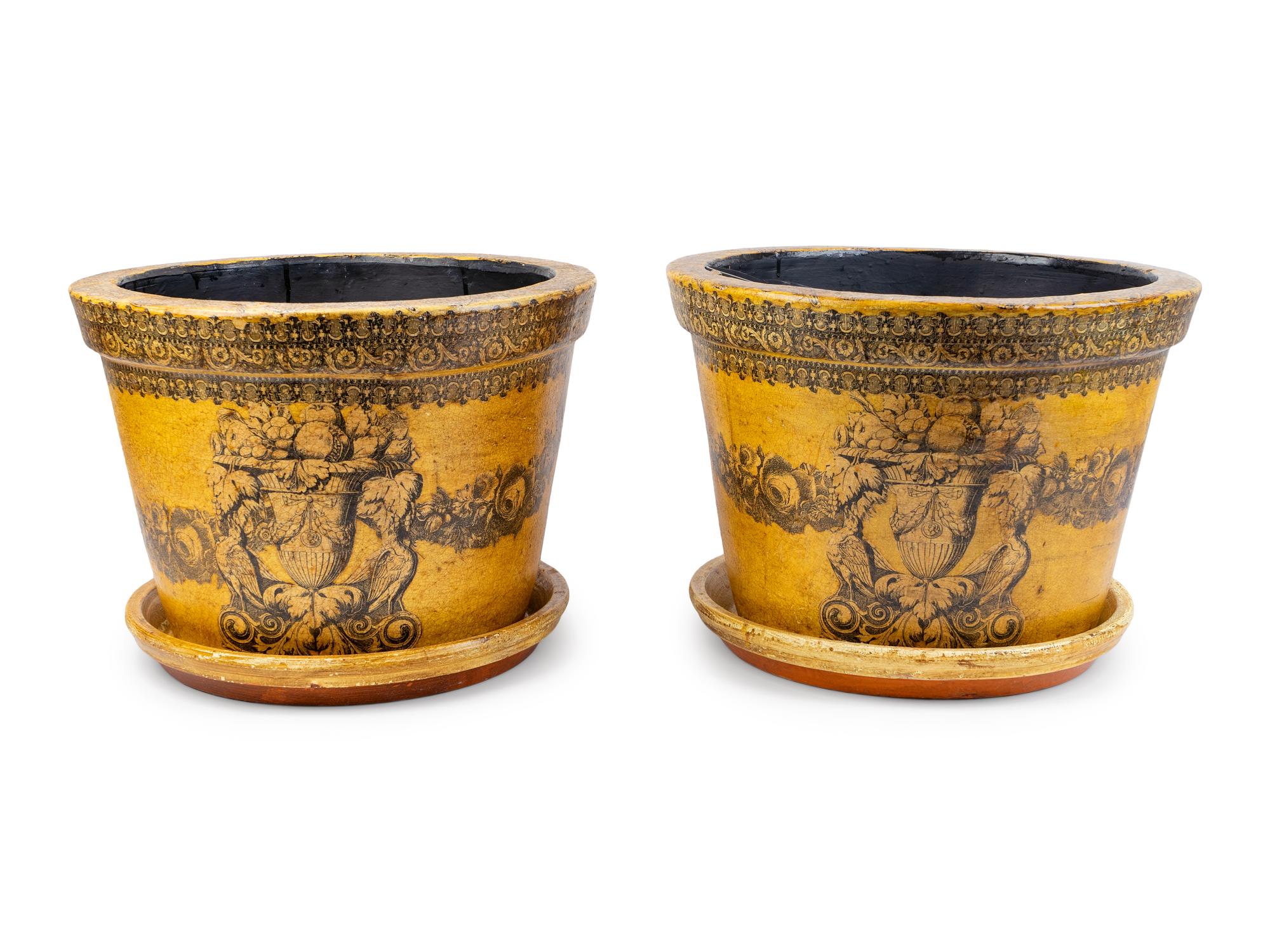 A Pair of English Papier Mache Over Terracotta Planters with Under Trays — 19TH/20TH CENTURY