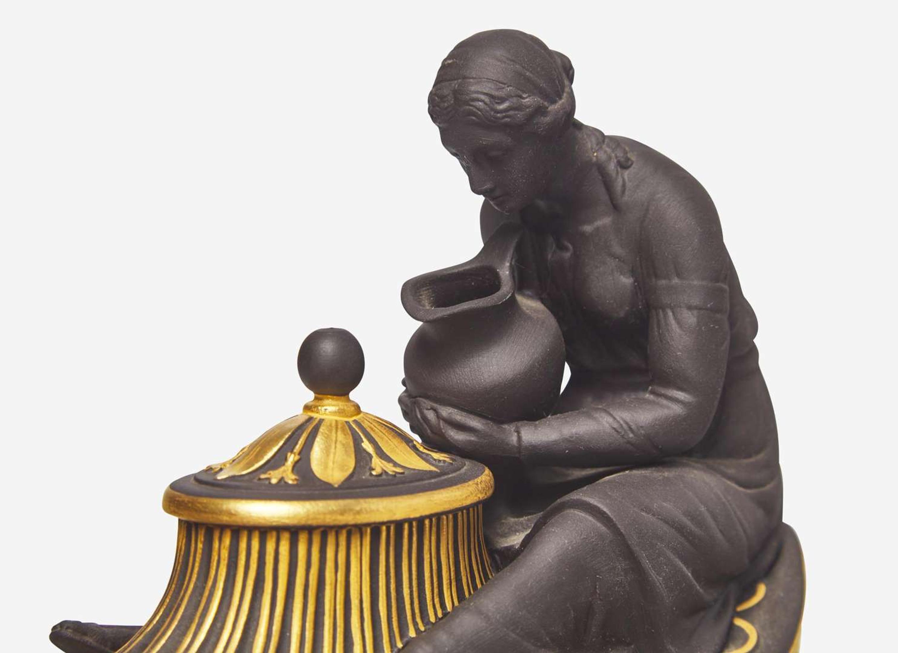 A Pair of Wedgwood Gilded Black Basalt Vestal Lamps, UK, 2000