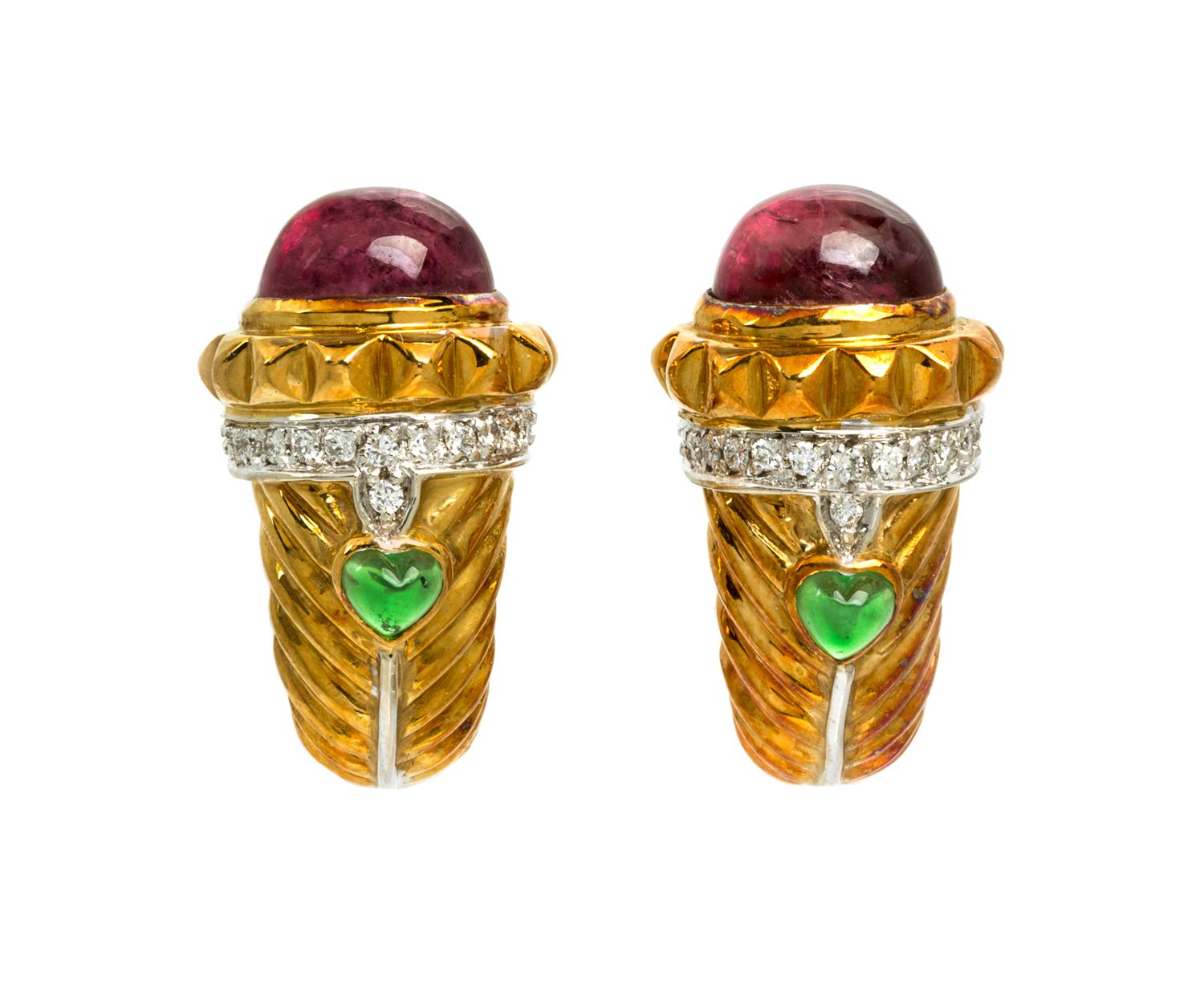 A Pair of 18 Karat Yellow Gold, Diamond, Pink Tourmaline and Glass Earclips, 19.70 dwts.