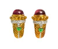 A Pair of 18 Karat Yellow Gold, Diamond, Pink Tourmaline and Glass Earclips, 19.70 dwts.