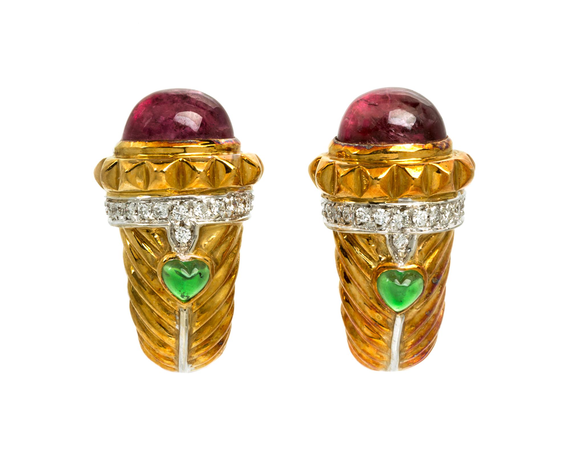 A Pair of 18 Karat Yellow Gold, Diamond, Pink Tourmaline and Glass Earclips, 19.70 dwts.