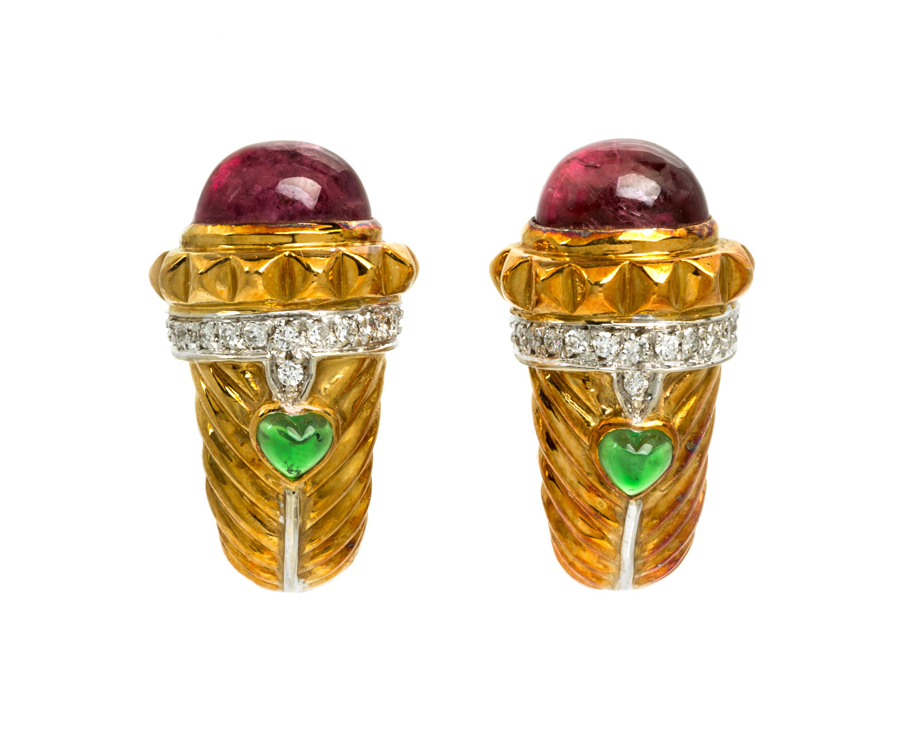 A Pair of 18 Karat Yellow Gold, Diamond, Pink Tourmaline and Glass Earclips, 19.70 dwts.