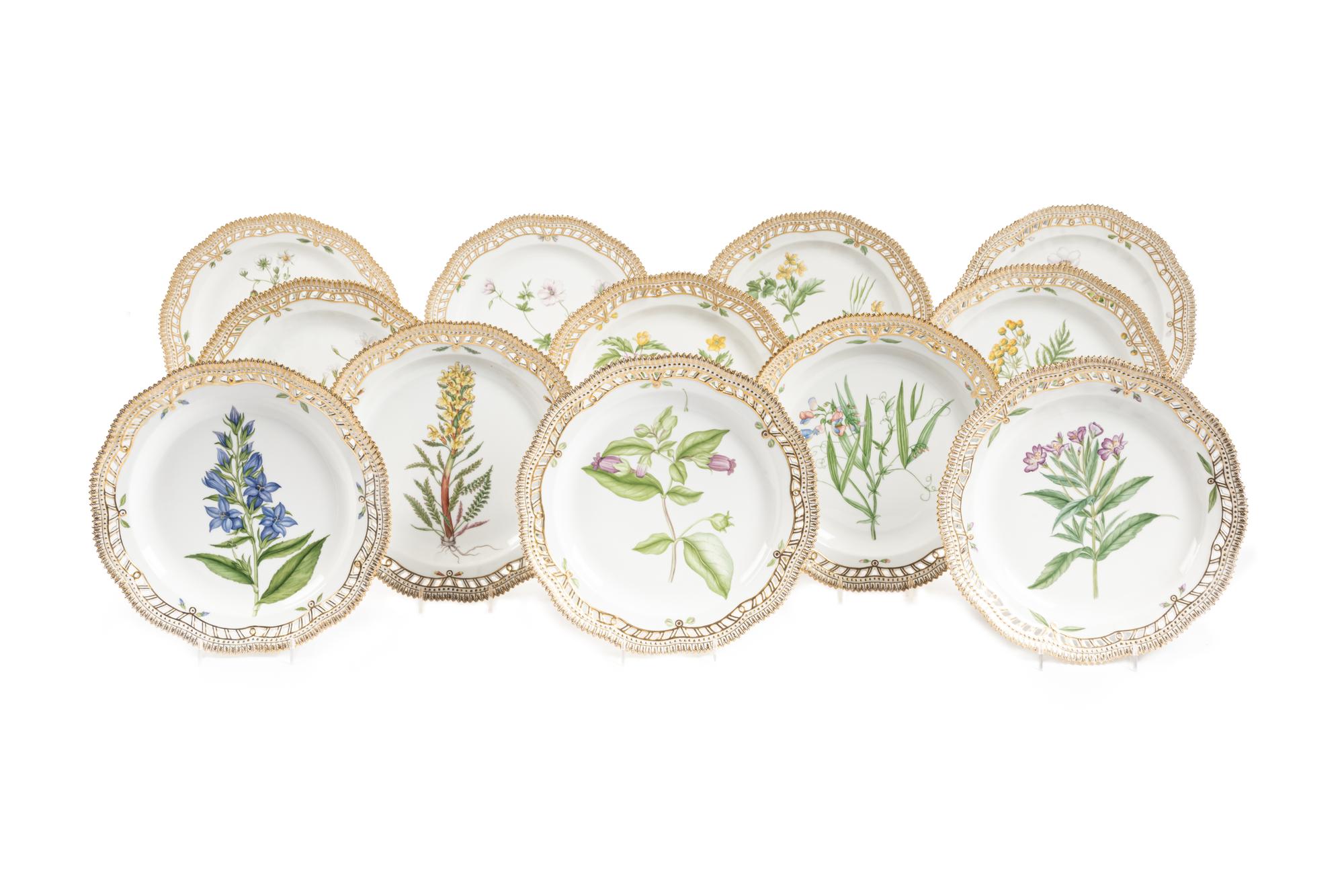A Set of Twelve Royal Copenhagen Flora Danica Porcelain Reticulated Plates