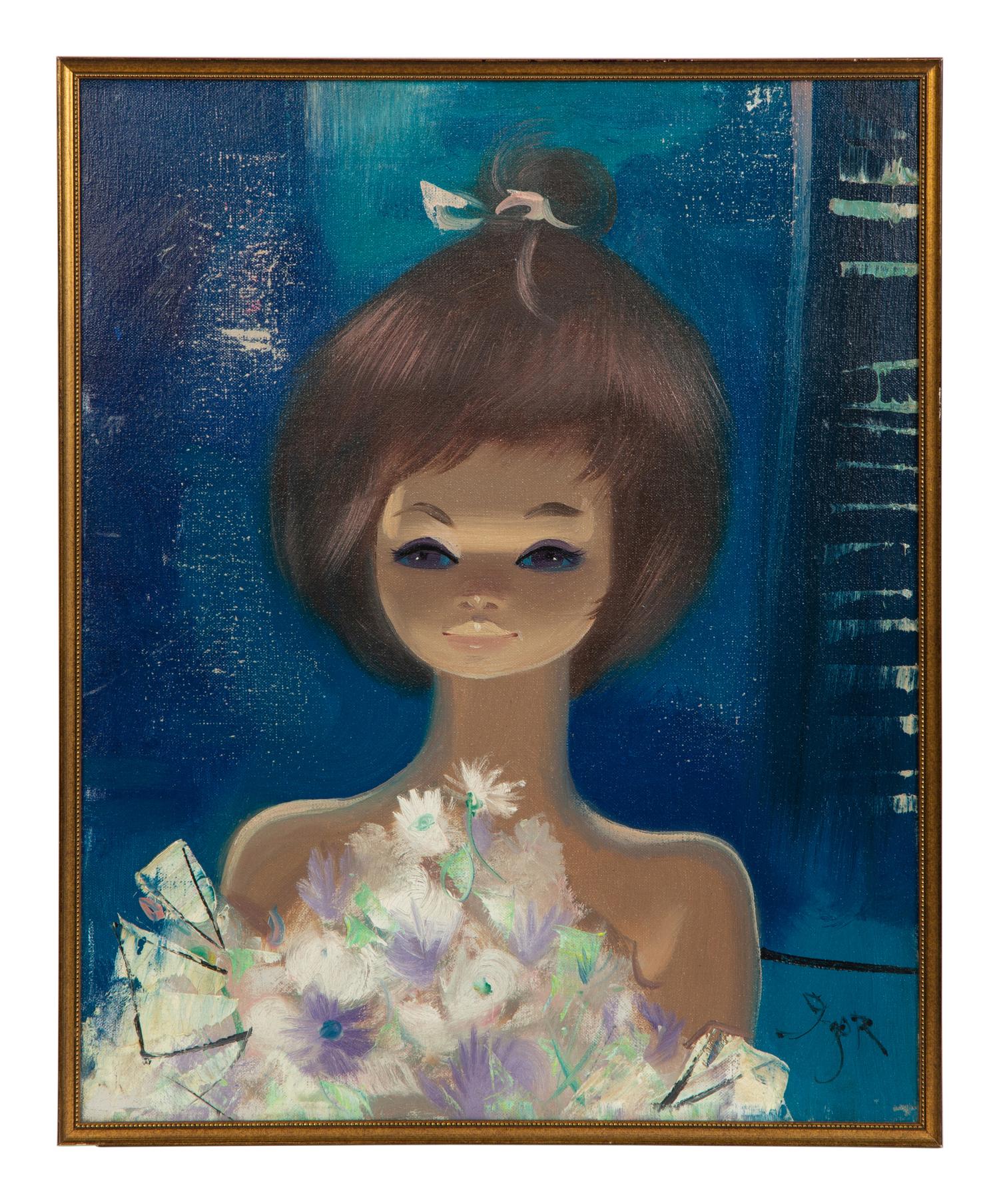 Brunette Girl on Deep Blue Ground
