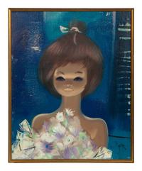 Brunette Girl on Deep Blue Ground